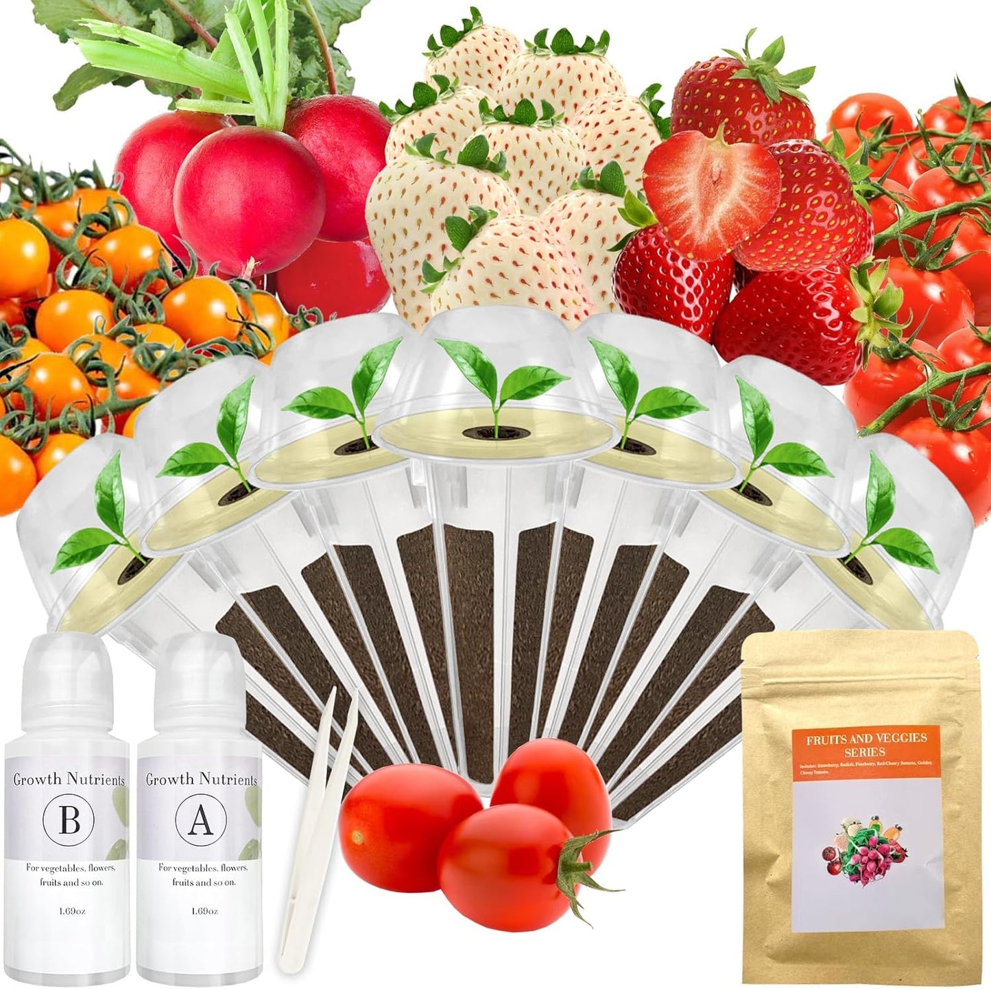 Red Strawberry and Pineberry Seed Pod Kit for AeroGarden, iDoo, Ahopegarden, MUFGA with Red Strawberry, Pineberry, Radish, Red Cherry/Golden Cherry Tomato - Compatible with All Hydroponics (7-Pod)