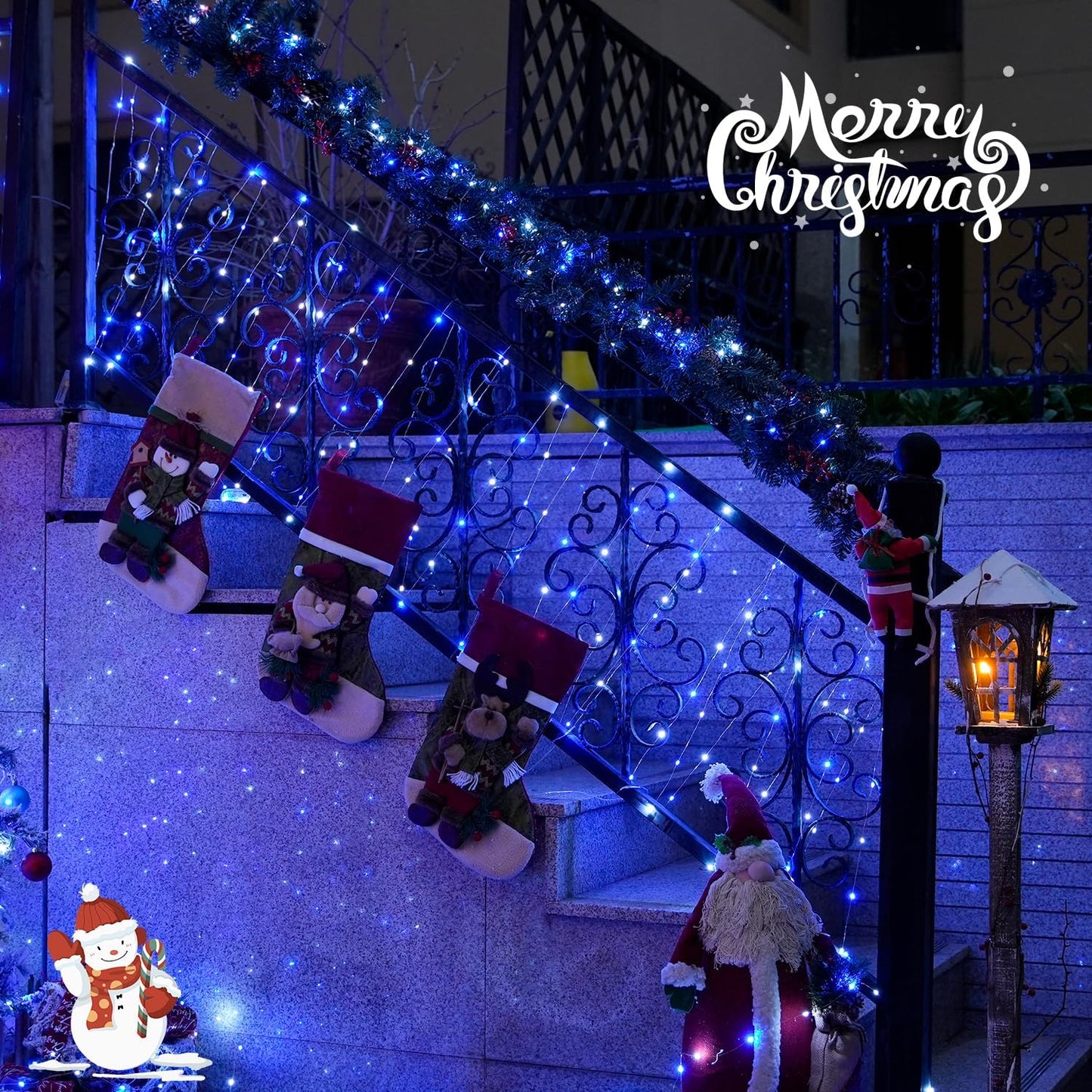 JMEXSUSS 2 Pack Blue and White Solar Christmas Lights, Each 33FT 100 LED Solar String Lights Outdoor Waterproof, 8 Modes Mini Fairy Lights for Outside Yard Patio Christmas Decorations