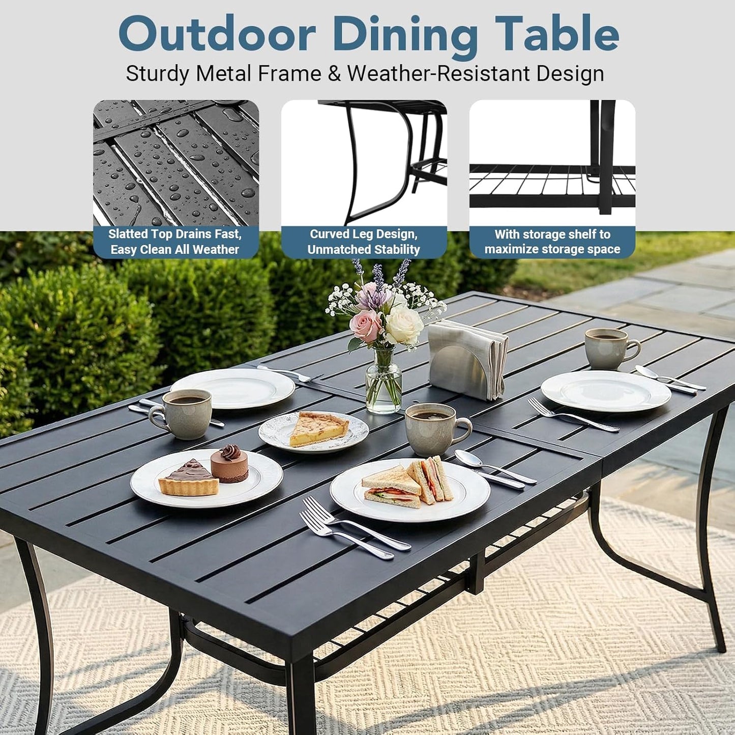 7 Piece Outdoor Patio Dining Sets, 60" Rectangular Metal Dining Table with Umbrella Hole & 6 Stackable Metal Chairs, Weather Resistant Garden Furniture Set for Backyard, Deck, Porch