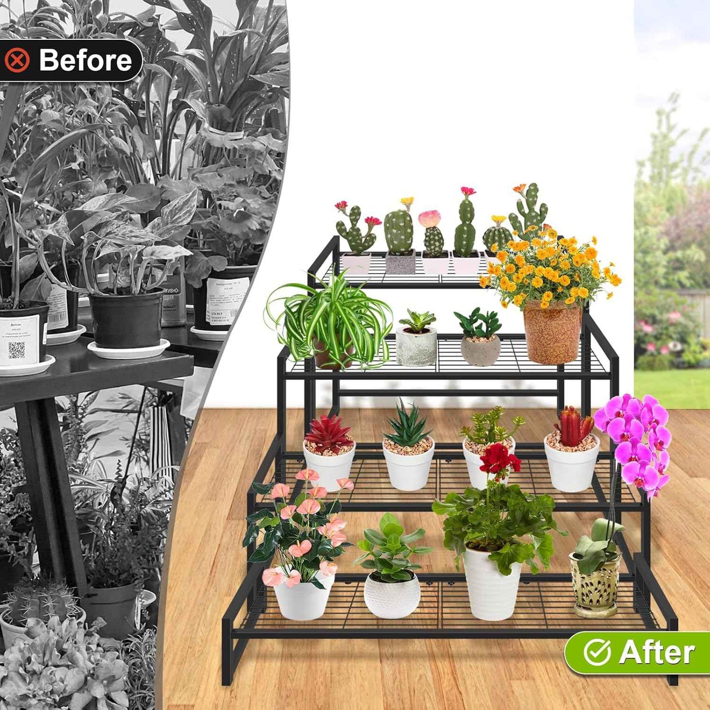 4 Tier Metal Plant Stand Indoor Outdoor, Ladder Flower Pot Holder Plant Stands, Stackable Heavy Duty Tall Plant Shelf Flower Pot Holder for Garden, Display Rack