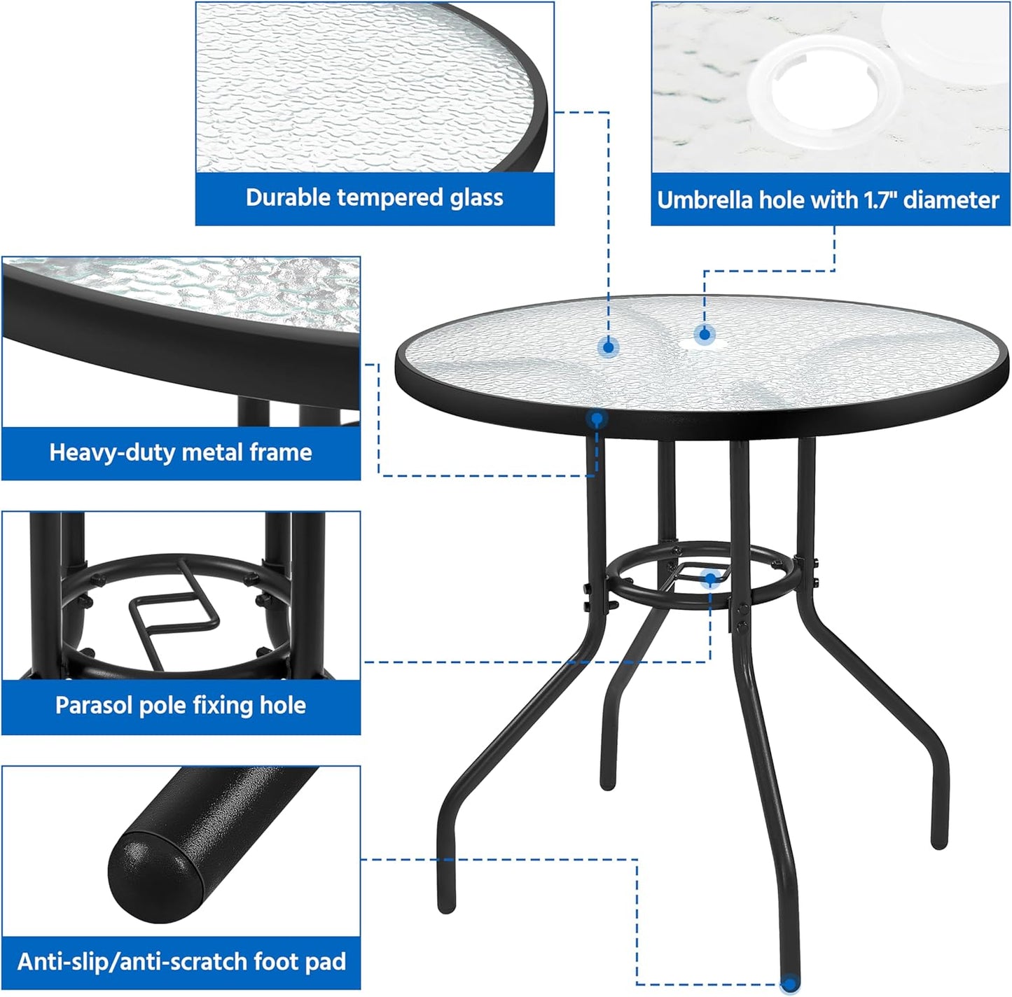 Yaheetech 27.4'' Patio Bistro Table Round Outdoor Coffee Table, Round Tempered Glass Top with 1.7'' Umbrella Hole, Iron Frame for Balcony Backyard Lawn and Garden