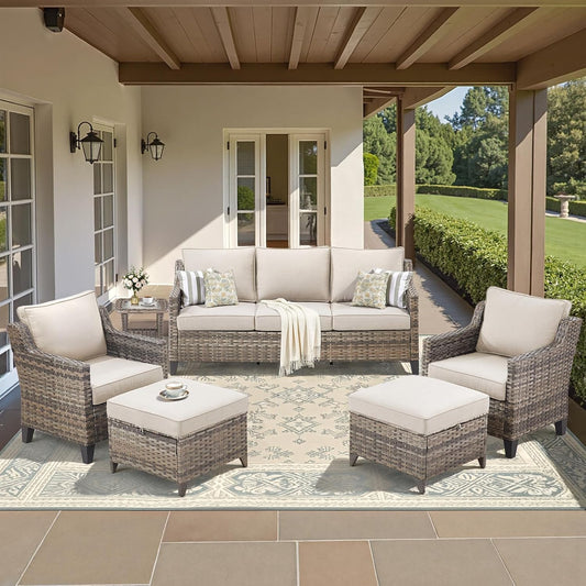 Buenhomino Outdoor Patio Furniture Set-PE Wicker Sofa Couch with Ottomans Comfy Cushions, All Weather High Back Patio Conversation Set for Porch Deck Balcony Garden Grey/Beige