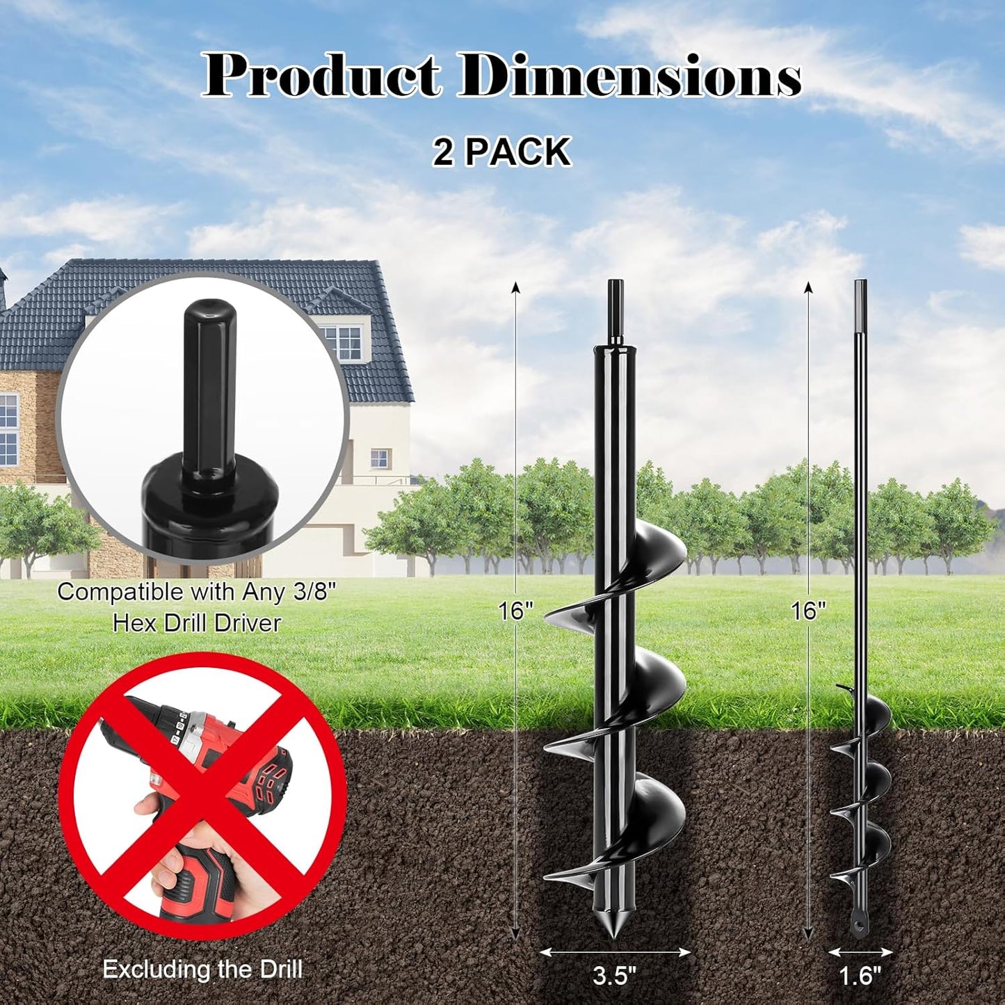 Auger Drill Bit for Planting 2 Pack,1.6x16 inch&3.5x16 inch,Auger Drill Bit Suitable for 3/8'' Hex Drill Driver,Garden Spiral Hole and Planter for Bulbs,Fence Posts,and Umbrella Holes