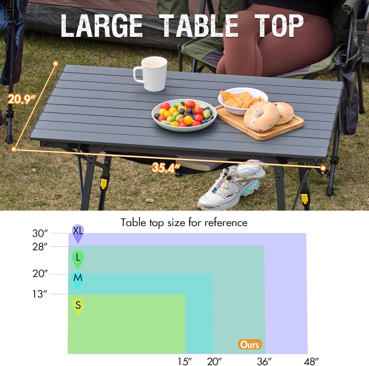PORTAL Outdoor Folding Portable Picnic Camping Table with Adjustable Height Aluminum Roll Up Table Top Mesh Layer, Dark Gray