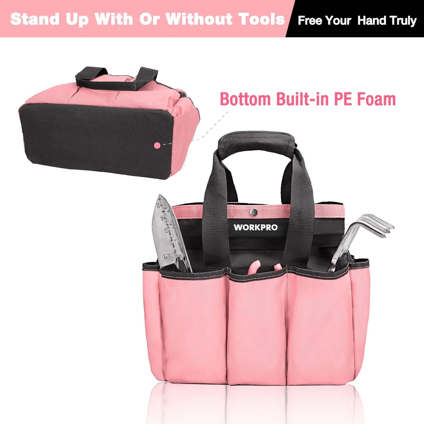 WORKPRO Garden Bag, Garden Tool Tote Storage Bag with 8 Pockets, Home Organizer for Outdoor Gardening Caddy, Garden Tool Kit Holder (Tools NOT Included), Pink Ribbon, Garden Gifts
