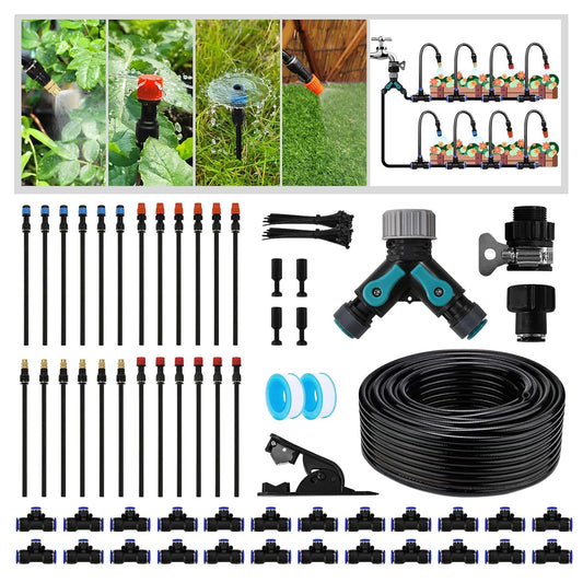 Drip Irrigation Kit - 100 FT. Hose Sprinkler System with 360° nozzles and T-connectors for Gardens, lawns, Plants, Flower beds, Trees, patios and hydroponics (24 360° nozzles + 24 T-connectors)