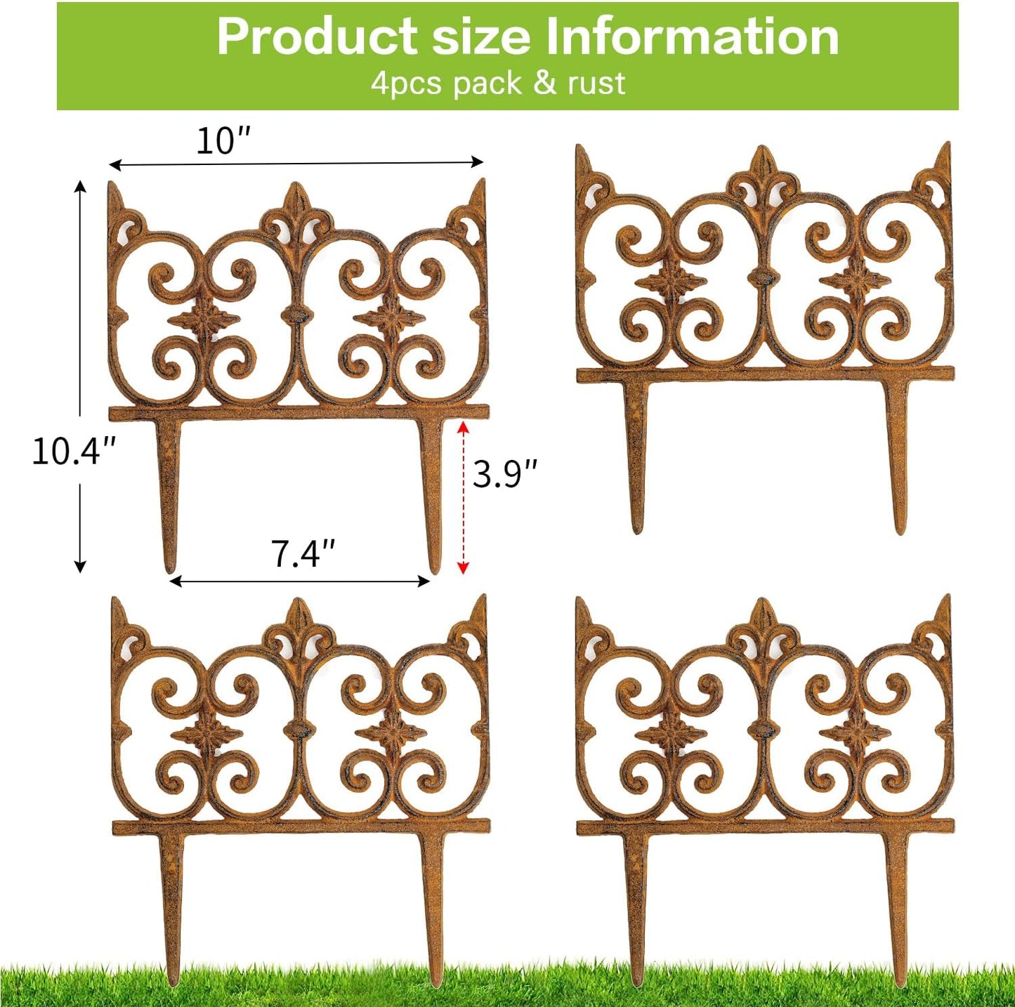Decorative Cast Iron Garden Edging, 4 Pack Full Rusted Victorian Garden Edging Landscape Border, Vintage Metal Yard Stake Low Picket Fence
