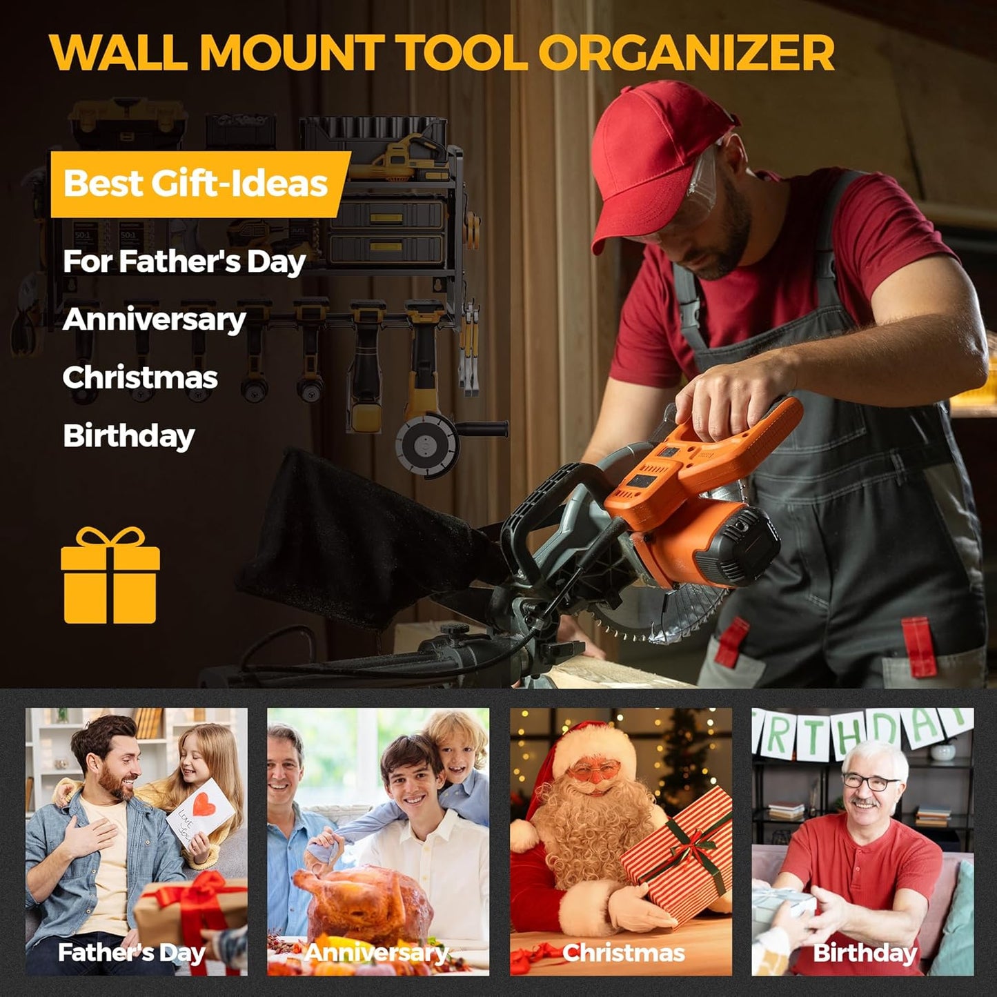 LBT Large Power Tool Organizer Wall Mount with Pegboard, Heightening Garage Power Tool Storage with 7 Cordless Drill Holder, Heavy Duty Metal Tool Shelf Battery Storage, Gifts For Men Father Husband