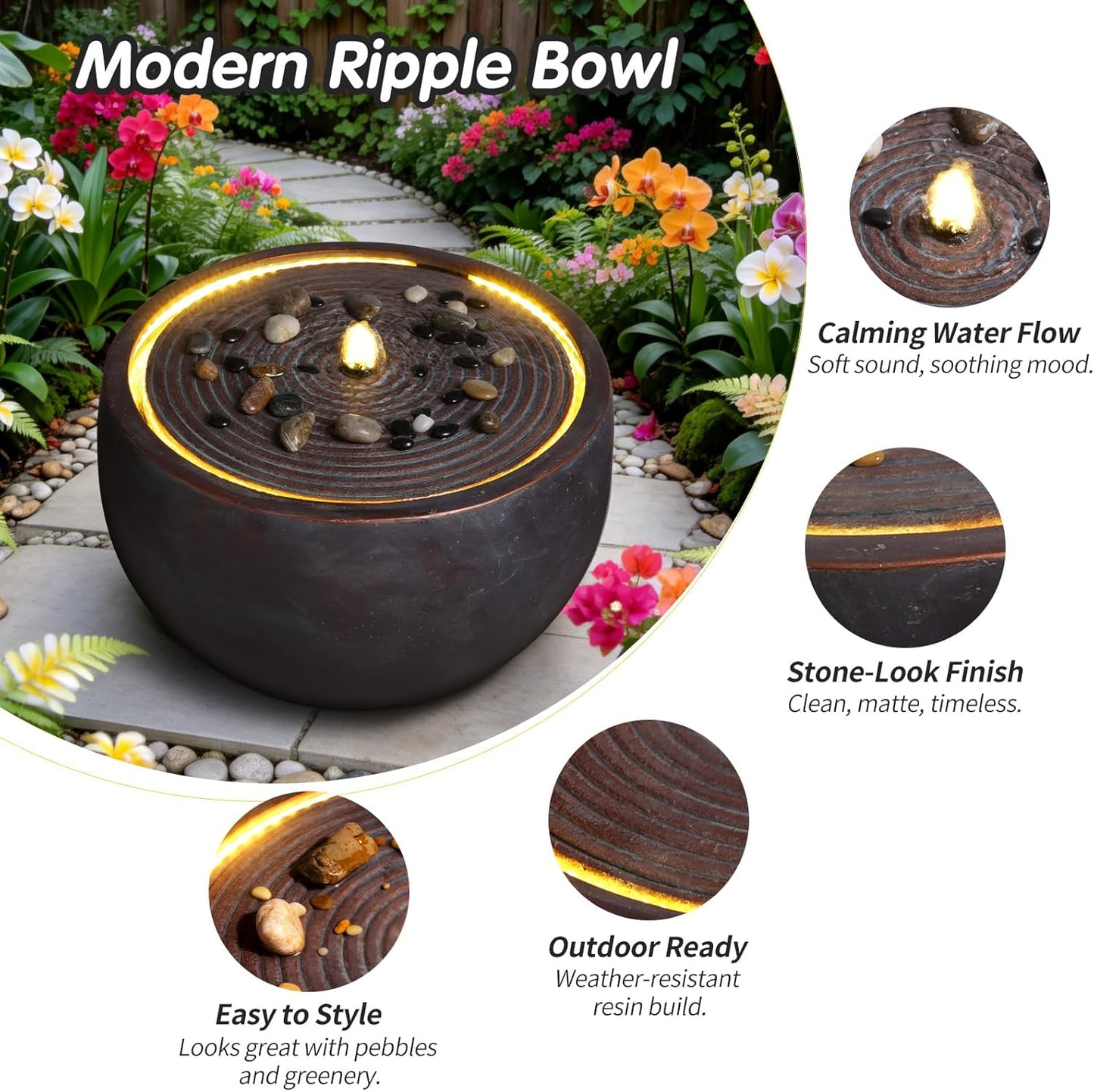 Outdoor Water Fountain with LED Lights, 12.2" Tall Round Bowl Cascading Fountain for Patio Garden Yard Porch Backyard, Resin Outdoor Water Feature Decor