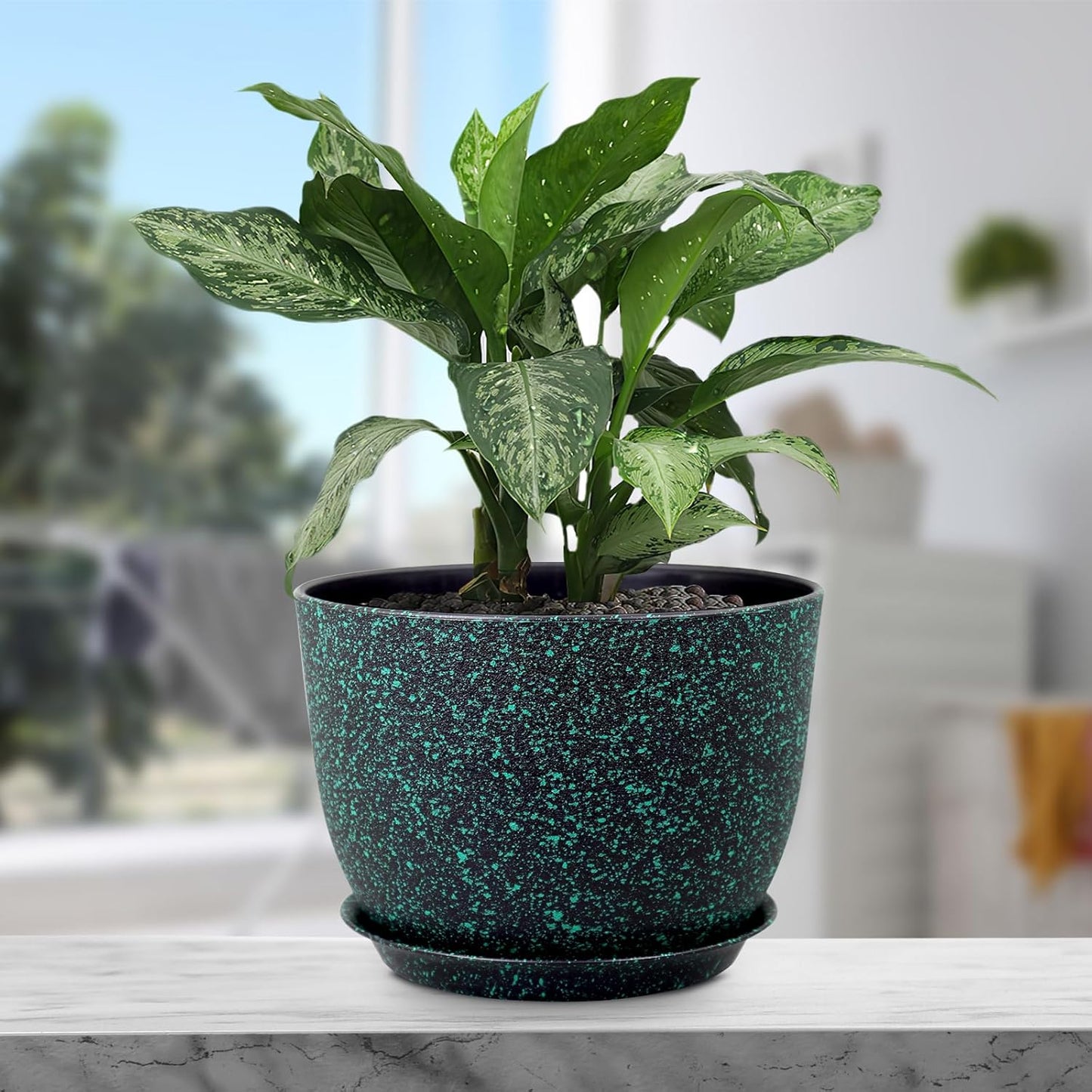12 inch Large Plant Pots, Plastic Planters with Drainage Holes and Saucers, Flower Pots for Indoor Outdoor Plants, Decorative Pots for Garden House Plants, Black with Green Speckles