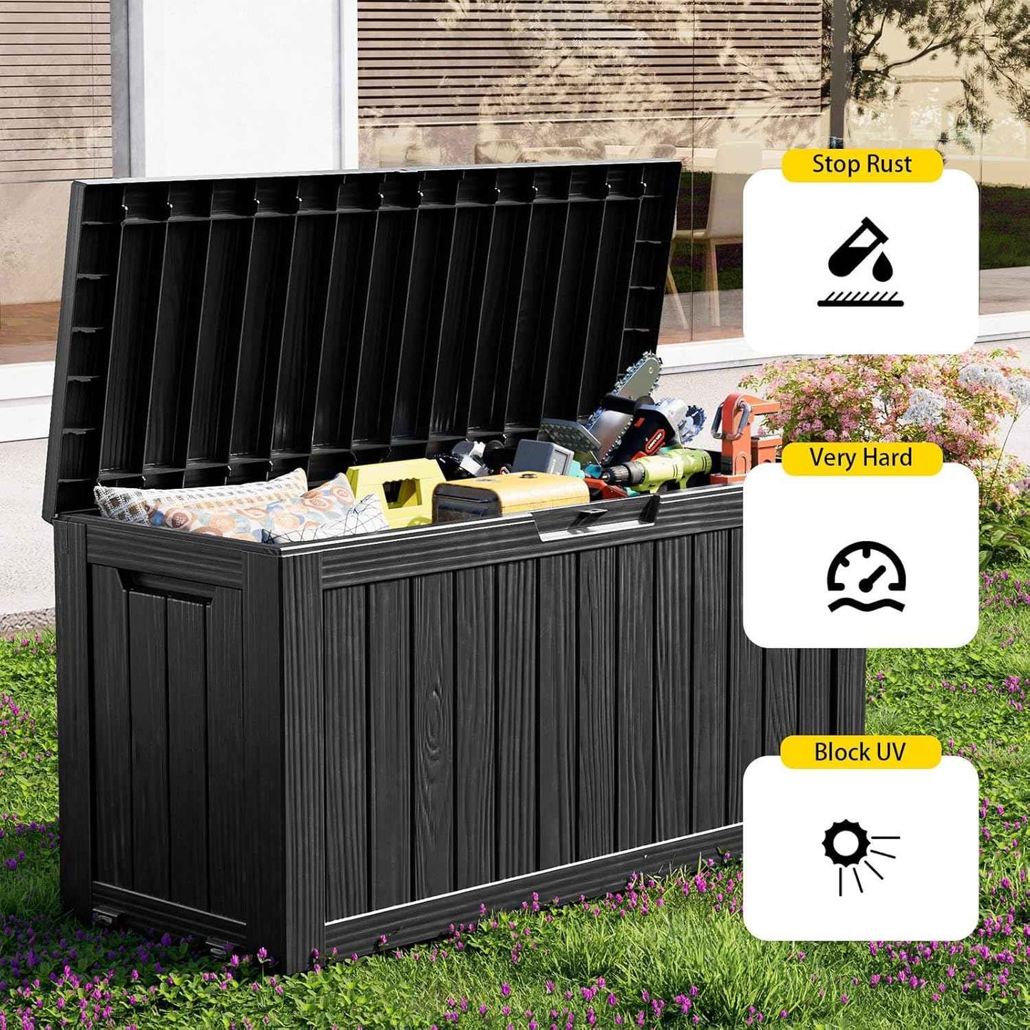 85 Gallon Outdoor Waterproof Resin Storage Deck Box Lockable Outside Bench UV Resistant Bin Patio Porch Furniture Pool Float Garden Tool Cushion Black