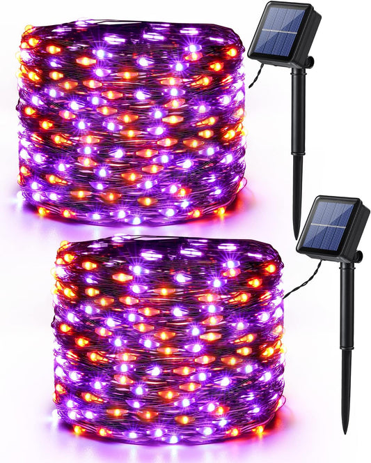Brizled Orange & Purple Halloween Lights, 2 Pack Total 78FT 240 LED Solar Halloween Fairy Lights, 8 Modes Outdoor Orange Fairy Light, Purple Twinkle Light String Black Wire Outside Spooky Decorations