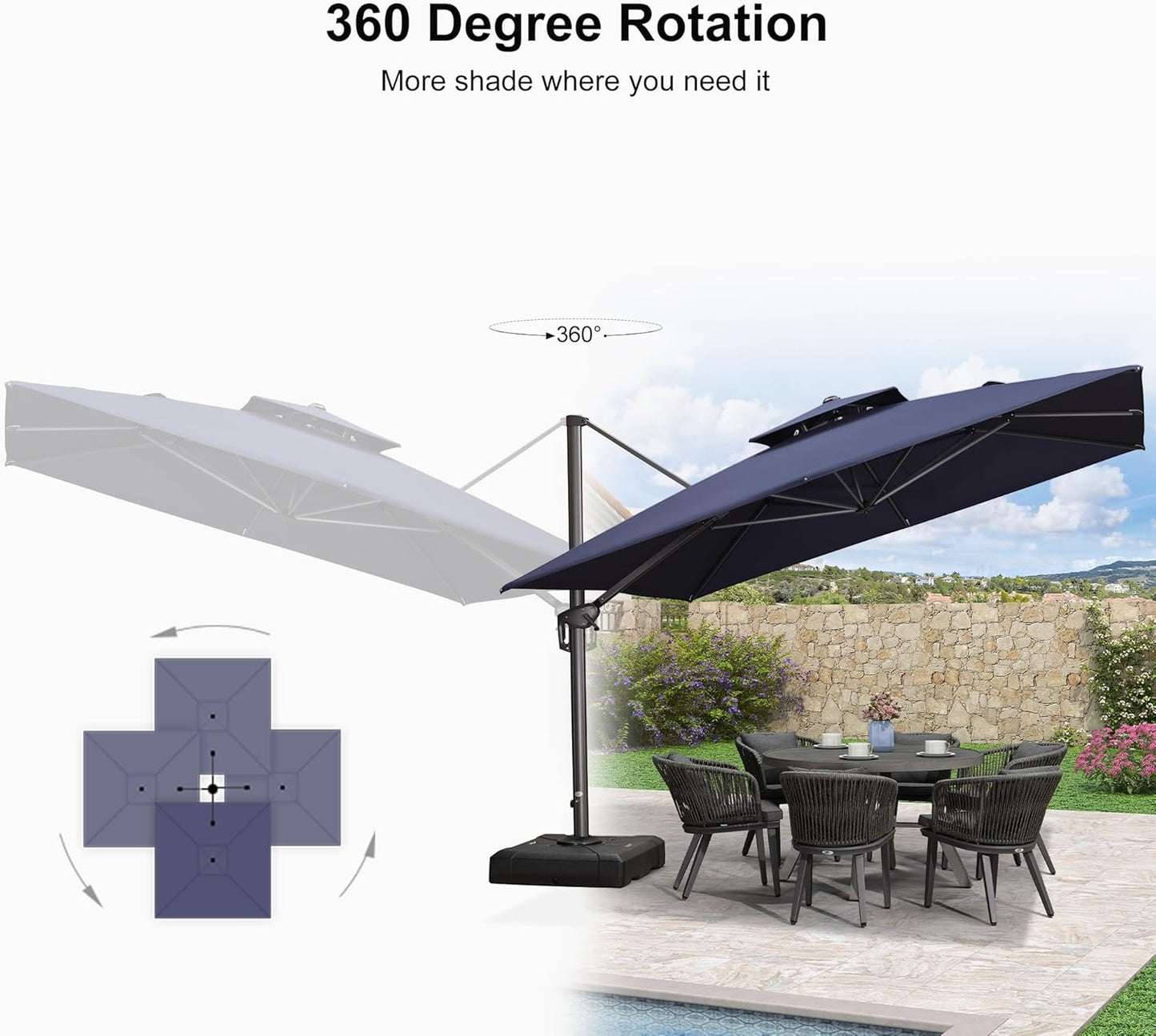 PURPLE LEAF 11FT Cantilever Outdoor Umbrellas Large Patio Umbrella Hanging Double Top Square Offset Umbrella with 360°Rotation Tilting Umbrella Outdoor Patio, Navy Blue