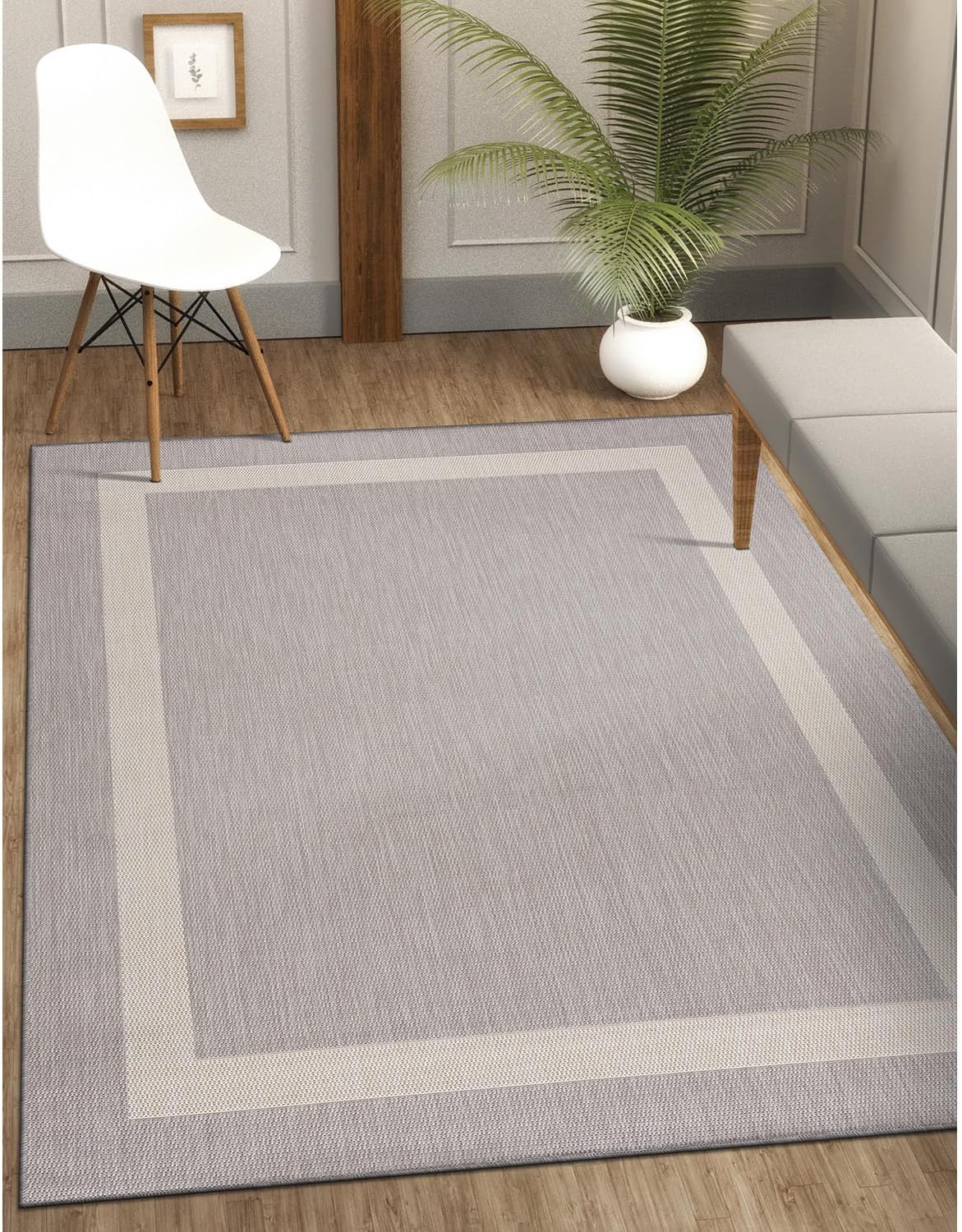 CAMILSON Outdoor Rug 6x9,Modern Outside Rugs for Patios Porches Waterproof Durable Washable Non-Shedding, Easy-to-Clean Indoor Outdoor Area Carpet (6 x 9, Bordered - Gray/White)