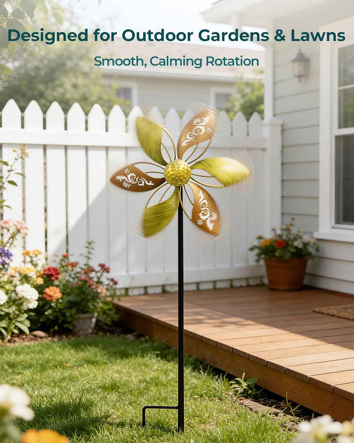 37" Metal Wind Spinner for Yard & Garden, 10" Kinetic Outdoor Garden Spinner, Rust-Resistant Decorative Yard Art (Gold Ornate Laser-Cut Floral)