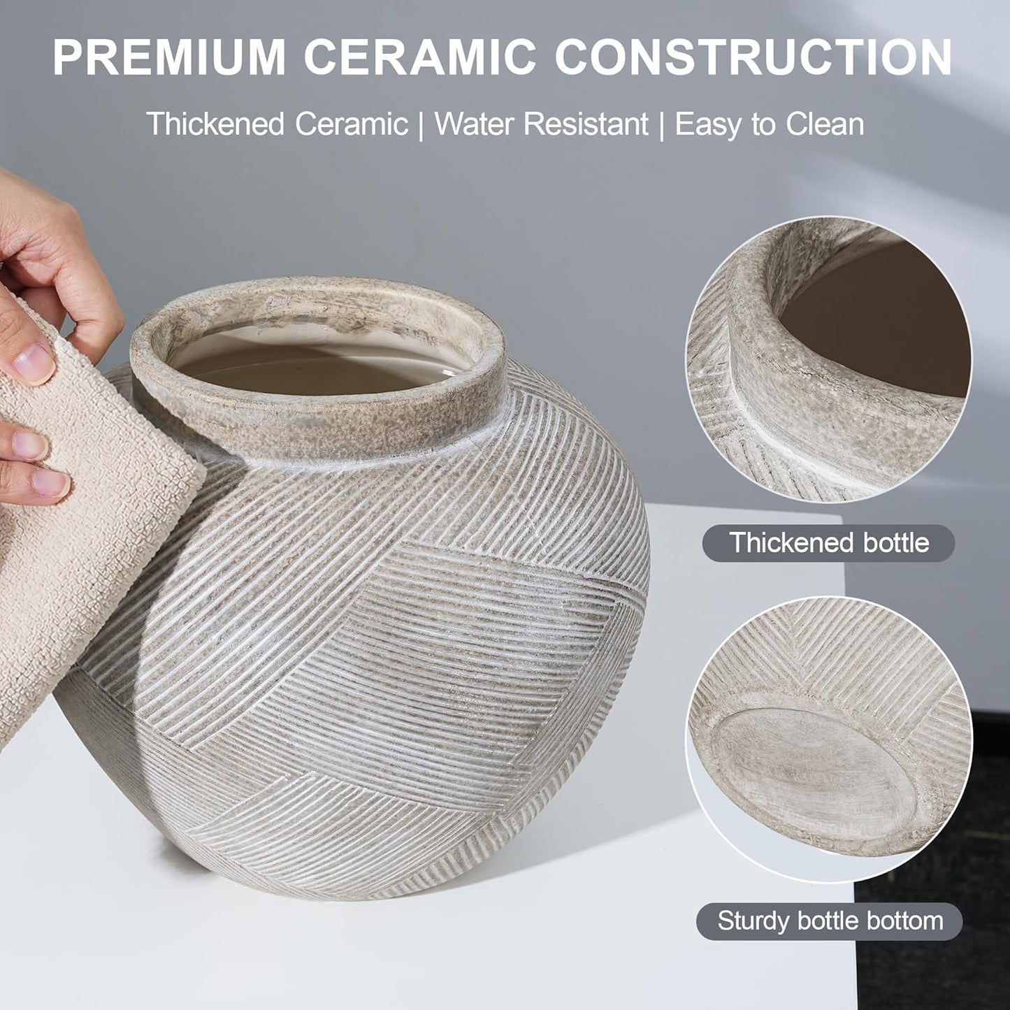 DREAMLOOM Ceramic Flower Vase, 9.3 inch Farmhouse Rustic Vintage Vases, Decorative Pottery Terracotta Vases for Home Decor, Living Room Dining Table Wedding Centerpieces