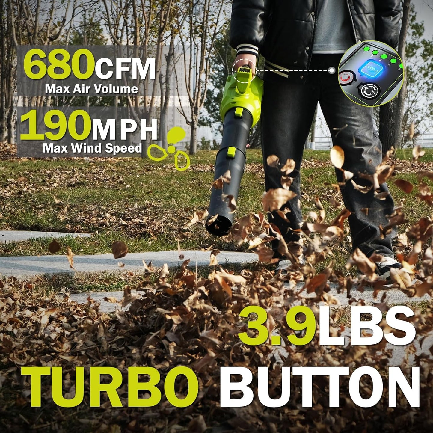 Leaf Blower Cordless,2 x 21V 6.0Ah Battery and Charger, with 680CFM 190MPH Electric Cordless Leaf Blower, 3-Variable Speed & Turbo Mode, Blowers for Lawn Care (5002 E) (Green)