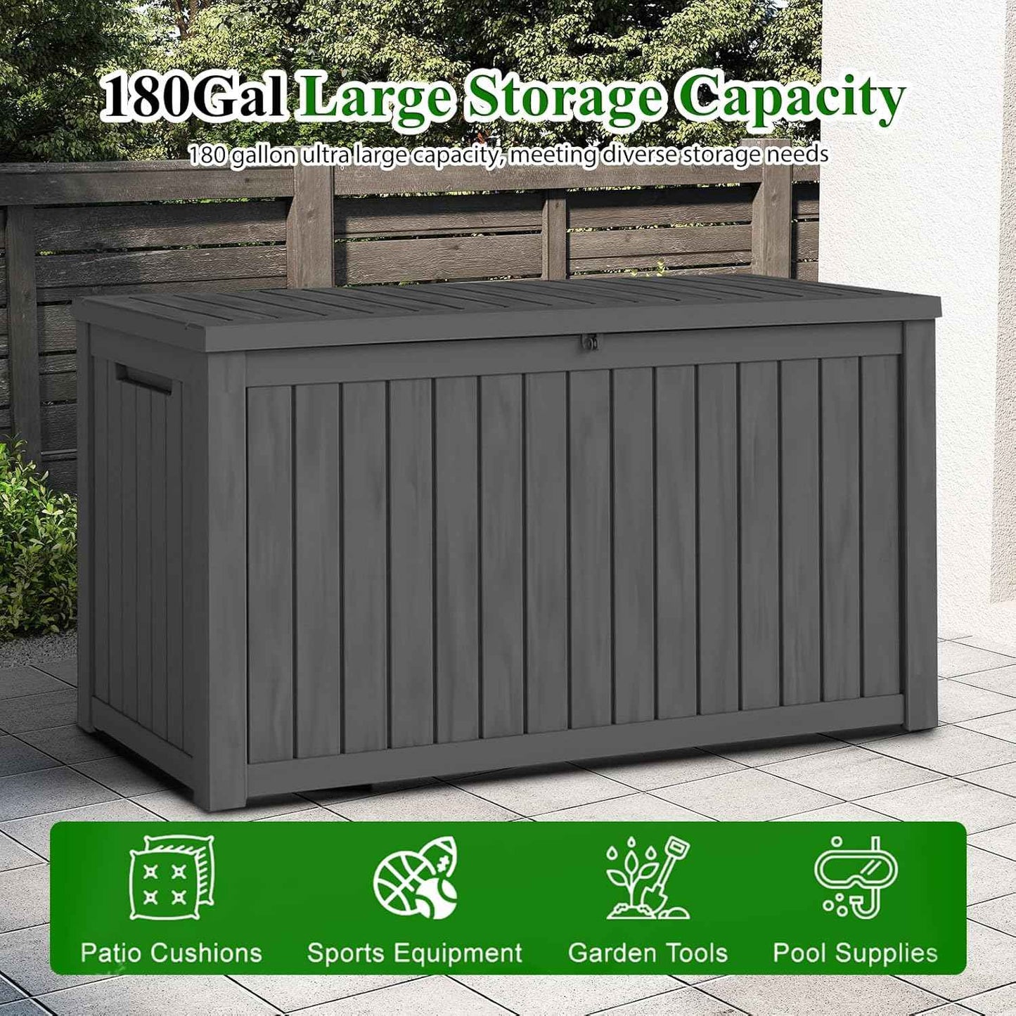 180 Gallon Large Outdoor Storage Box, Resin Deck Box Lockable Waterproof for Patio Furniture Cushions, Garden Tools, UV Resistant Outside Storage Bin, Black