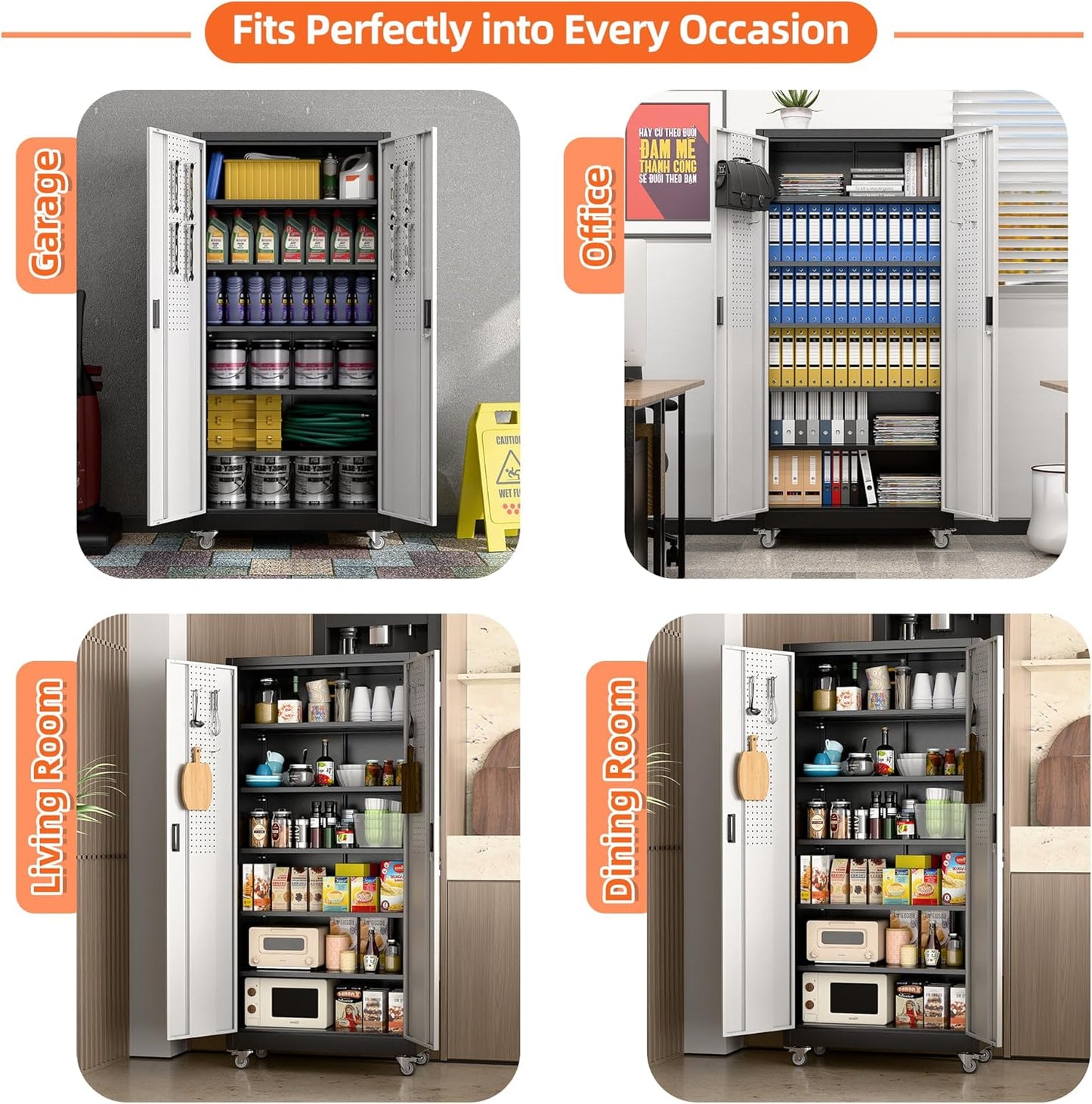 Aobabo 71" H×32" W×16" D Metal Storage Cabinet with Wheels, Garage Steel Storage Cabinet with 5 Adjustable Shelves and 4 Hooks for Home Office,Kitchen, Black Silver,Assembly Required