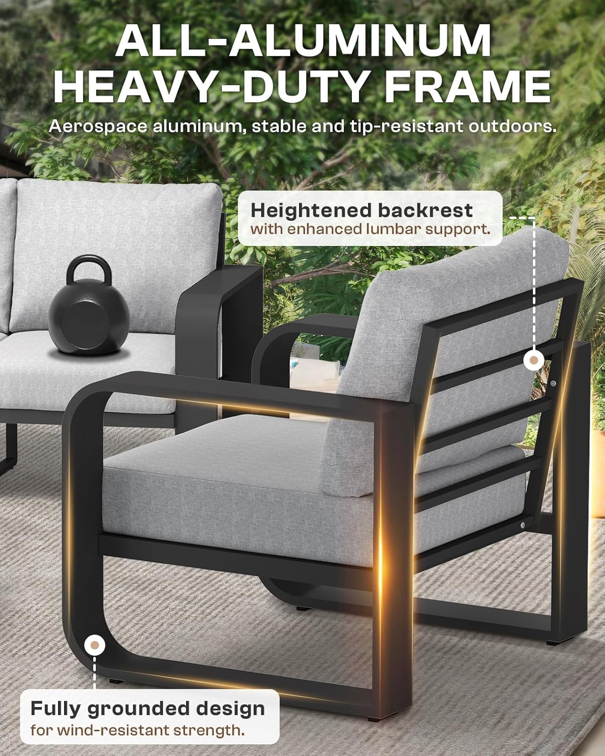 Oversized Aluminum Outdoor Furniture Set, Extra Large Patio Furniture Sofa Set 4.8” Widened Armrest & Ultra-Thick Cushions, 5 Pcs Modern Patio Sectional for Backyard, Porch, Gray