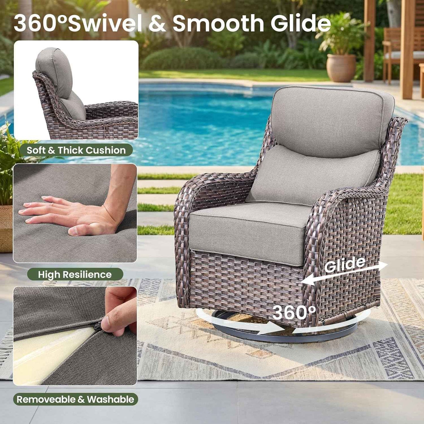 Luxury Patio Furniture Set with 6-inch Thick Cushion, Outdoor Furniture with Fire Pit Table, Swivel Chairs, Sofa, 4pcs Wicker Conversation Set for Deck Yard and Poolside(Grey)