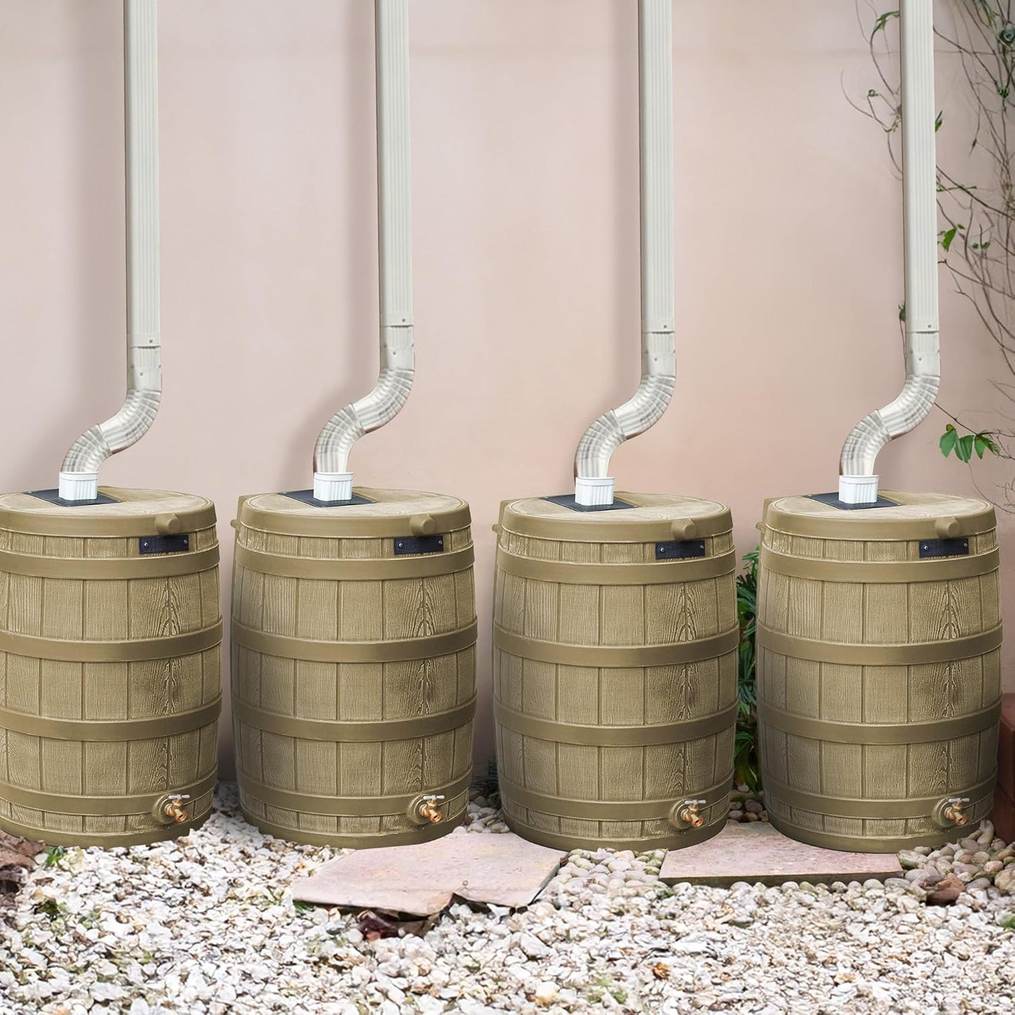 Good Ideas Rain Wizard 50 Gallon Plastic Outdoor Home Rain Barrel Water Storage Collector with Brass Spigot and Flat Back Design, Khaki (4 Pack)