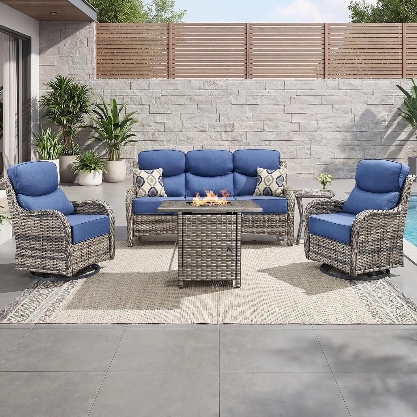 Luxury Patio Furniture Set with 6-inch Thick Cushion, Outdoor Furniture with Fire Pit Table, Swivel Chairs, Side Table, Sofa, 5pcs Wicker Conversation Set for Deck Yard Grey Wicker | Blue Cushion