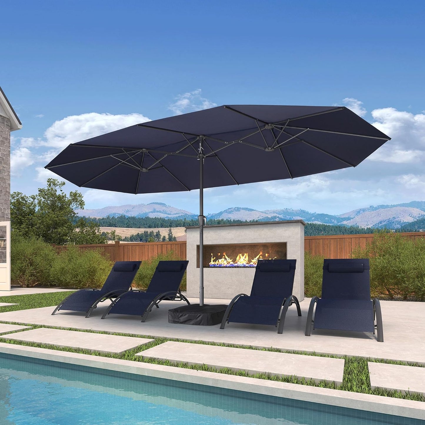 PURPLE LEAF 15ft Patio Market Umbrella with Base Included Double-Sided Rectangle Outdoor Umbrella Table Umbrella with Crank for Pool Garden Deck, Navy blue