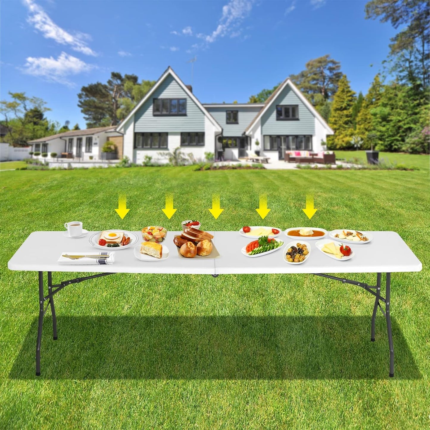 8FT Folding Table, Heavy Duty Foldable Table with Handle, Portable Fold-in-Half Utility Tables for Indoor & Outdoor Use Perfect for Camping BBQ Party Wedding Market Events, White