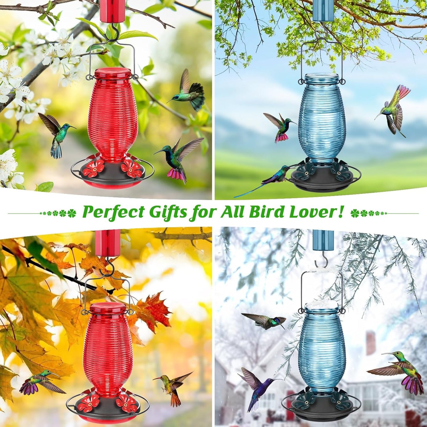 FEED GARDEN Glass Hummingbird Feeder for Outdoors Hanging, 20 OZ Humming Birds Feeders with 4 Bee Guard Feeding Ports & Built-in Ant Moat, Bird Feeder for Outside, Blue,1 Pack