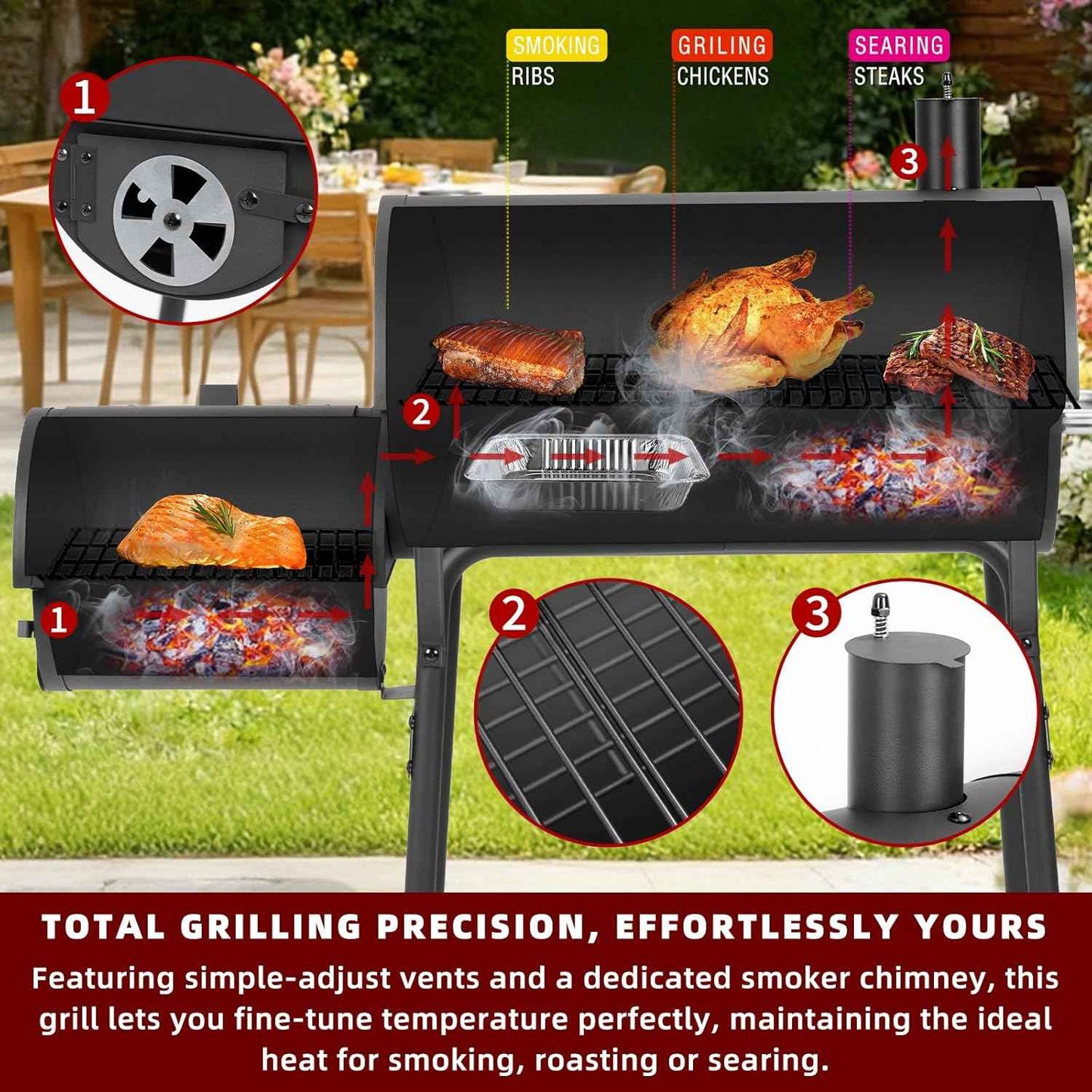 Charcoal Grill with Offset Smoker,BBQ Grills with Side Table,Outdoor Cooking with 535 Square Inches,Backyard Camping Picnics, Patio and Parties, Black by DNKMOR