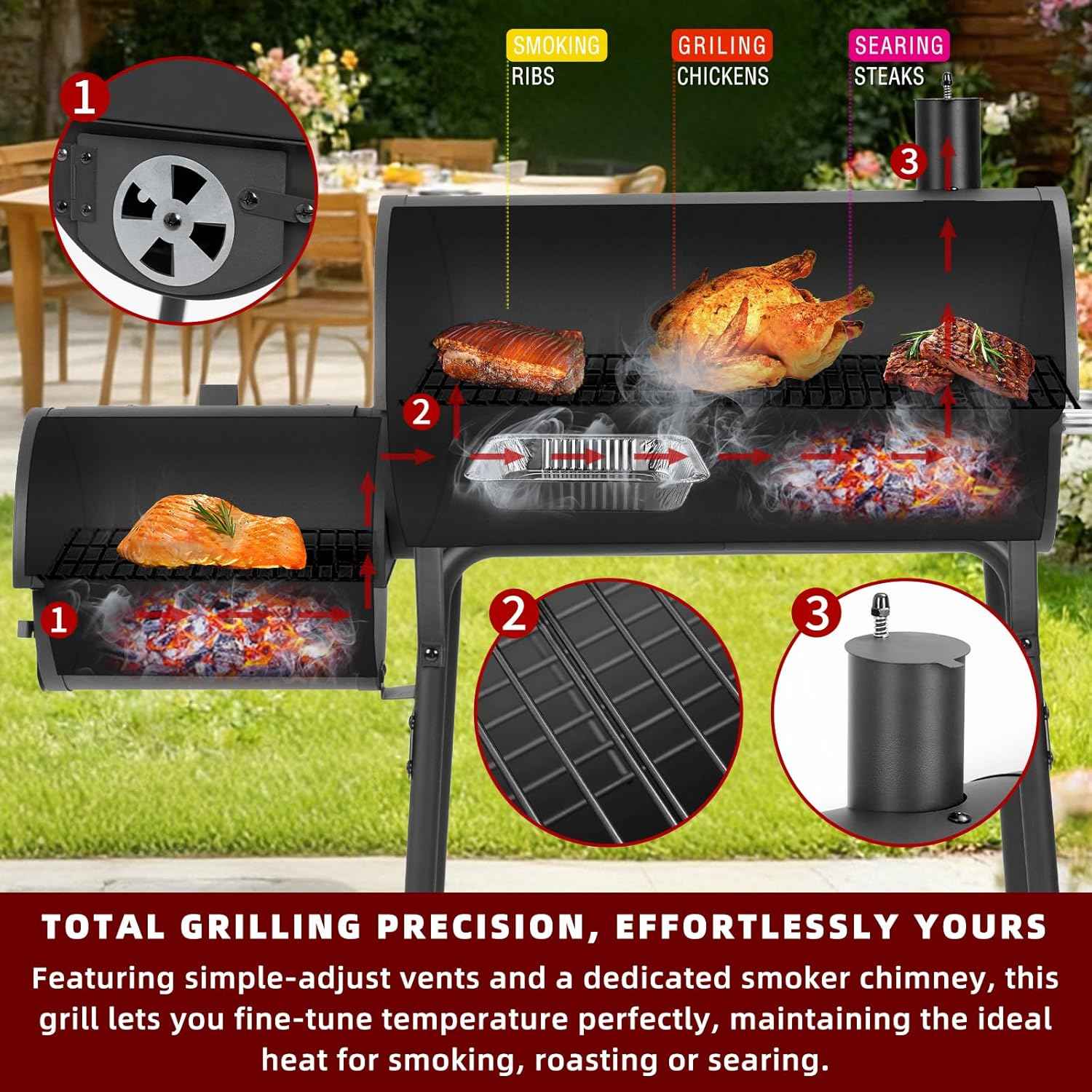 Charcoal Grill with Offset Smoker,BBQ Grills with Side Table,Outdoor Cooking with 535 Square Inches,Backyard Camping Picnics, Patio and Parties, Black by DNKMOR