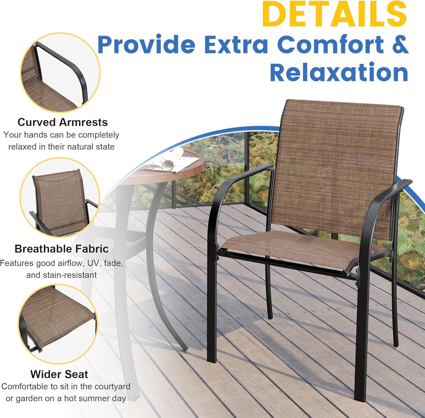 VICLLAX Patio Dining Set for 4, Outdoor Furniture Set Includes 1 Square Patio Table and 4 Stackable Patio Sling Chairs, Patio Table and Chairs for Outsides, Black Table and Brown Chairs