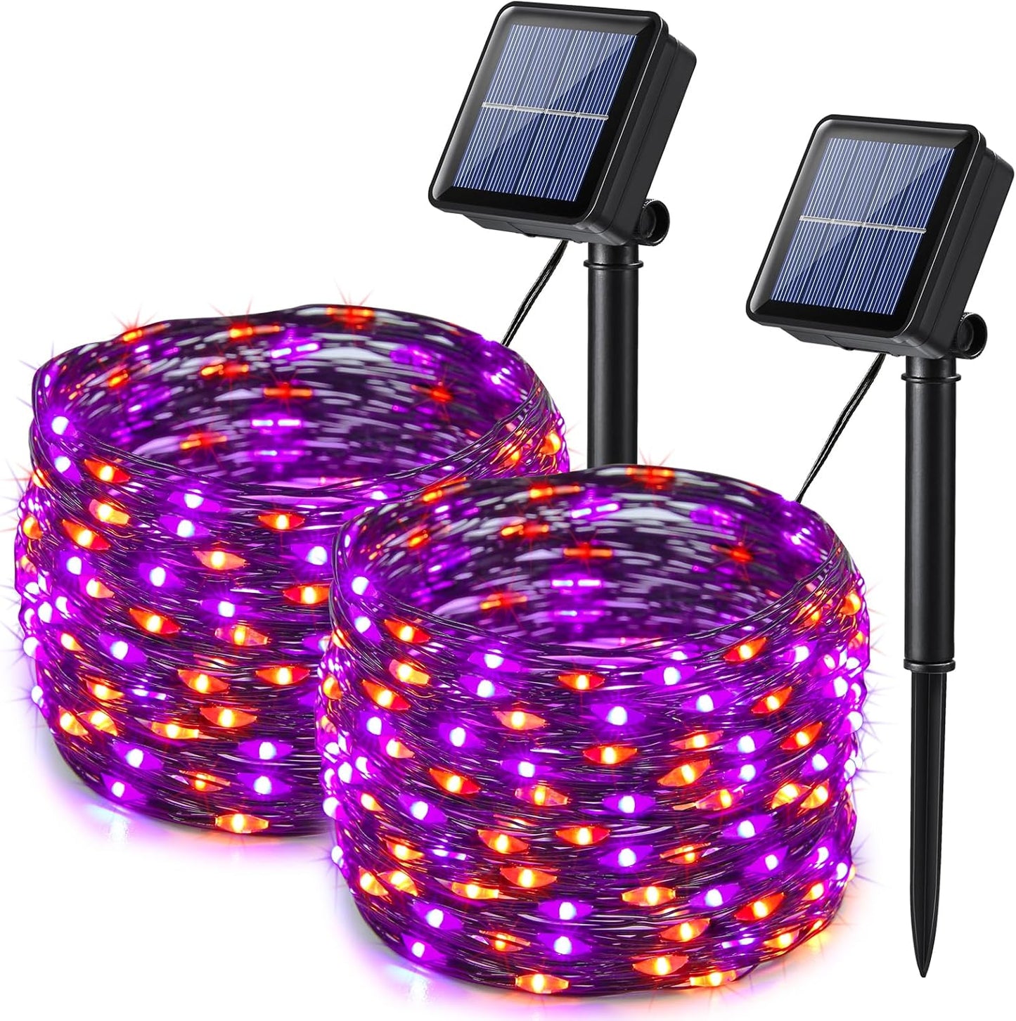 Lomotech 2 Pack Solar Lights, 33ft 100LED Orange Purple Twinkle Fairy Lights Waterproof 8 Modes Outdoor for Halloween Party DIY Decoration Black Wire