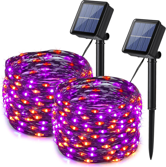 Lomotech 2 Pack Solar Lights, 33ft 100LED Orange Purple Twinkle Fairy Lights Waterproof 8 Modes Outdoor for Halloween Party DIY Decoration Black Wire