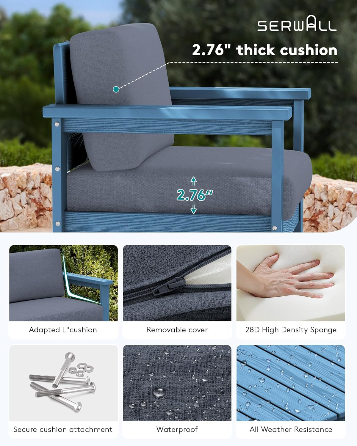 SERWALL 3 Pieces HDPE Outdoor Sofa Bistro Set with Cushions, Outdoor Furniture Sofa Sets with Coffee Table and Cushions, All Weather Conversation Social Set, Blue Frame and Grey Cushion