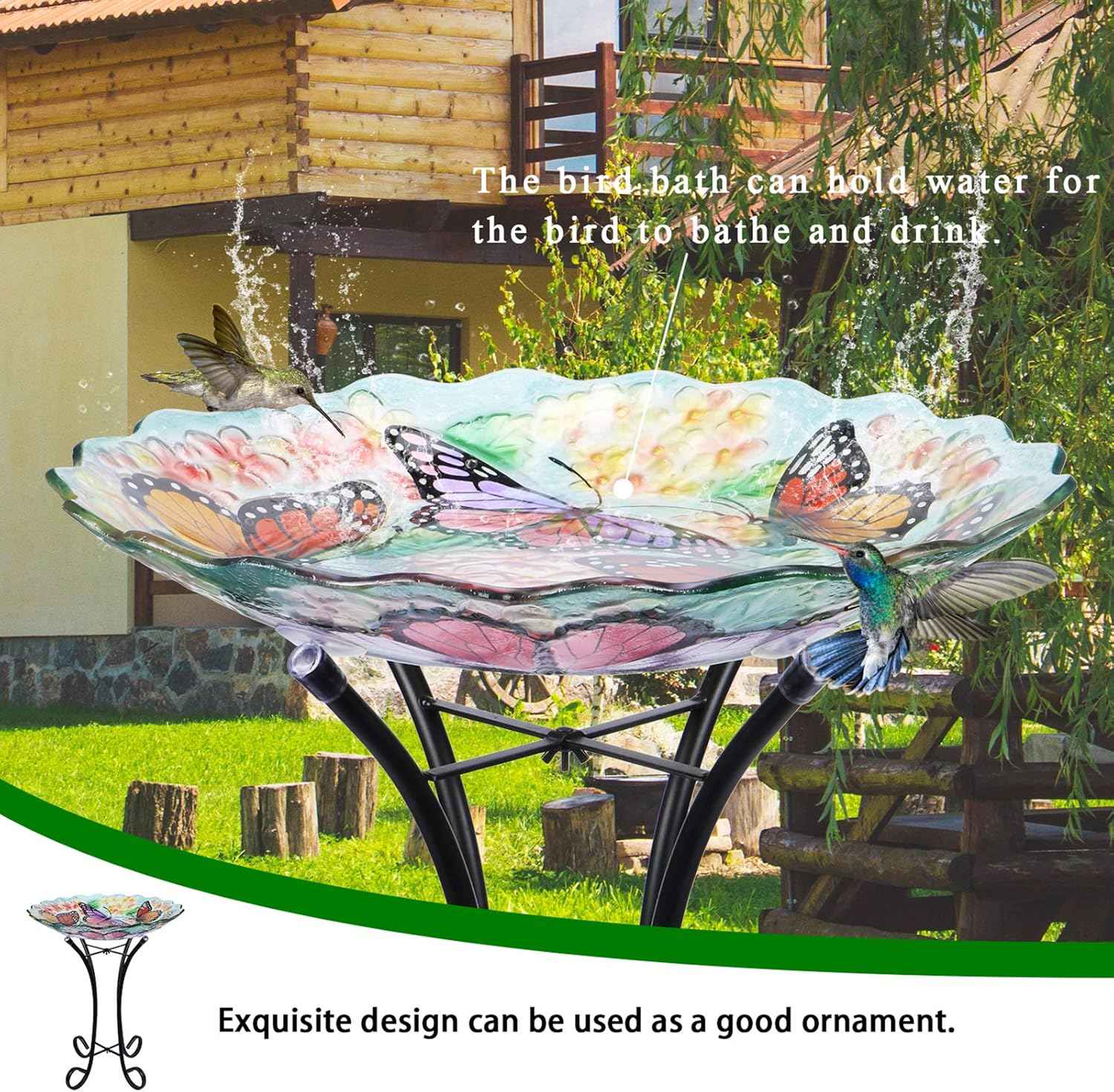 Glass Bird Bath Outdoor with Metal Stand for Lawn Yard Garden Decor Butterfly Bird Feeder