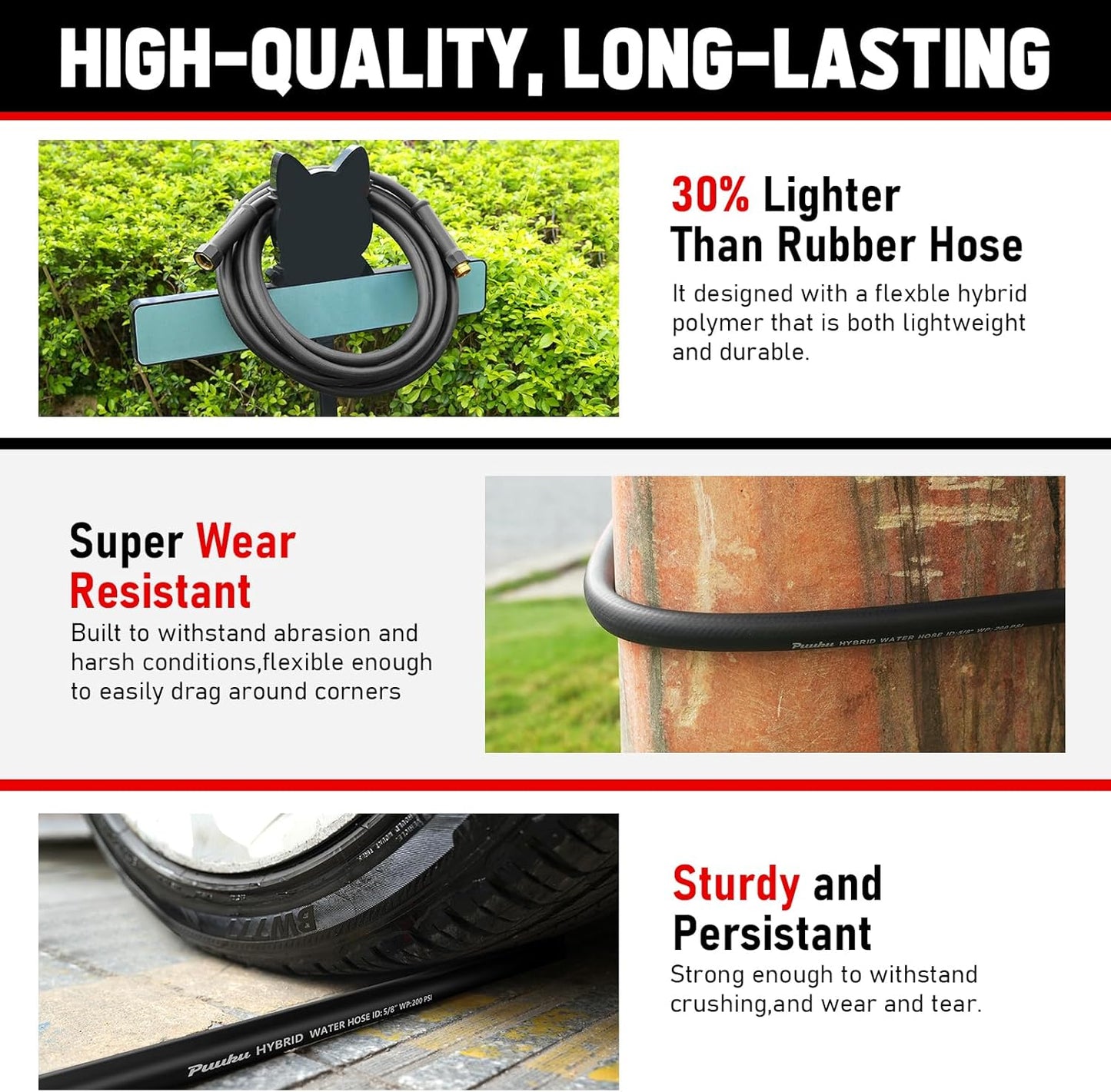 Short Garden Hose 10ft x 5/8", NON-EXPANDABLE Heavy Duty Premium Flexible Water Hose, No Kink, Leakproof, Lightweight Hybrid Hose with Male to Female Fittings for Household、Backyard