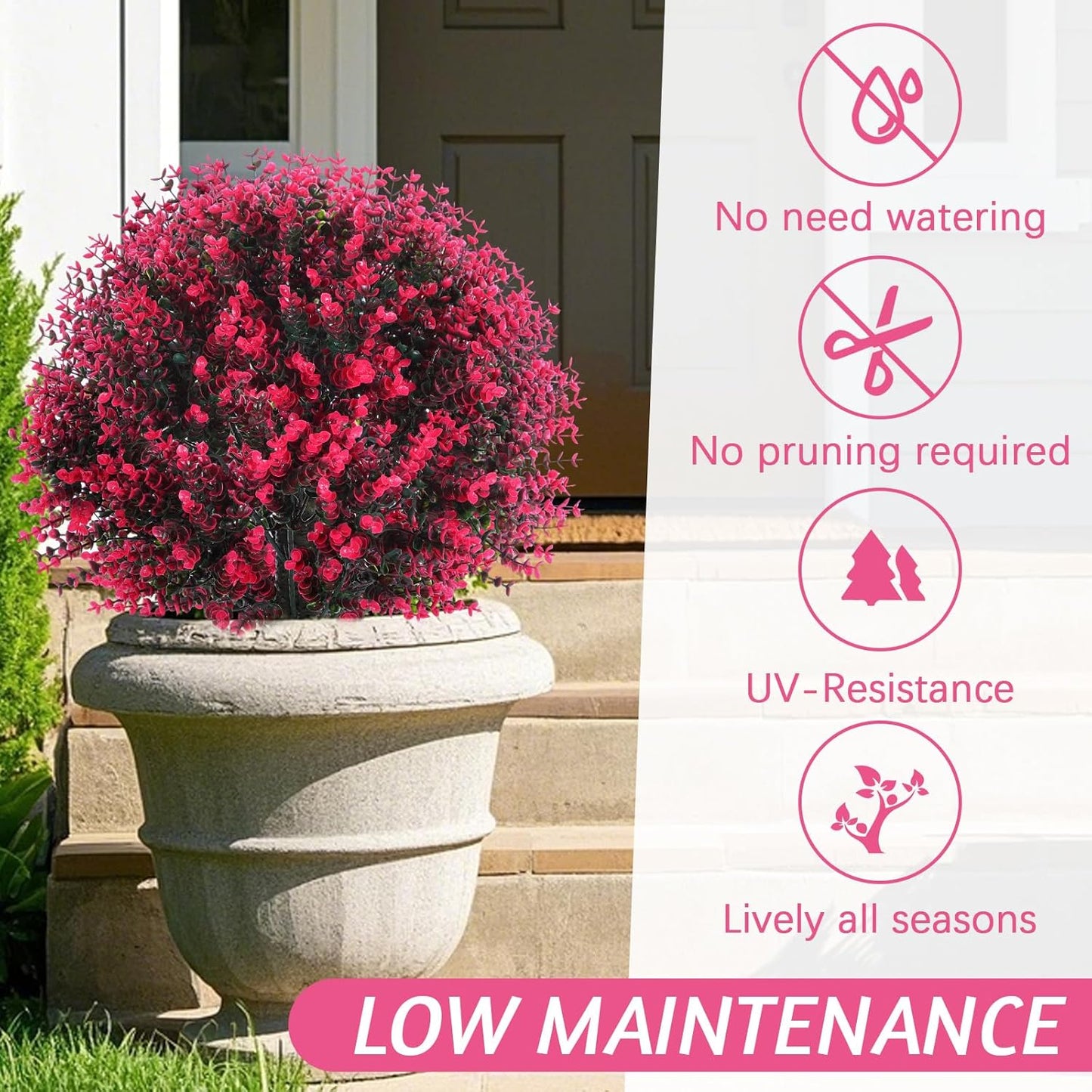 Yunlly 2 Pcs 18 Inch Artificial Boxwood Ball Topiary Tree Fake Outdoor Plants Bush, UV Resistance Faux Shrubs with Spike Realistic Greenery Potted for Indoor Garden Yard Porch Patio Decor (Rose Red)