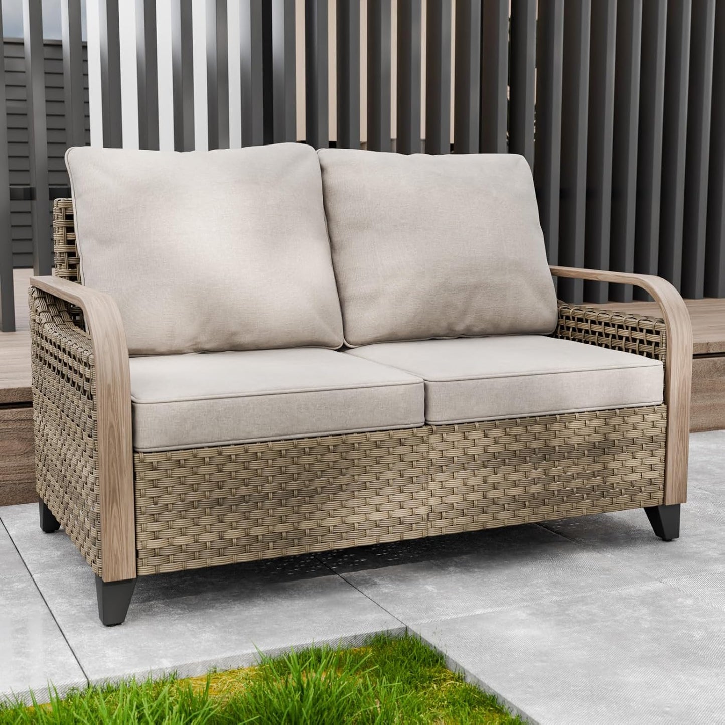 Modern Wicker Patio Sofa, Rattan Outdoor Loveseat for Small Balcony, 2 Seat Loveseat Furniture Set for Garden Deck Backyard, Brown/Gray