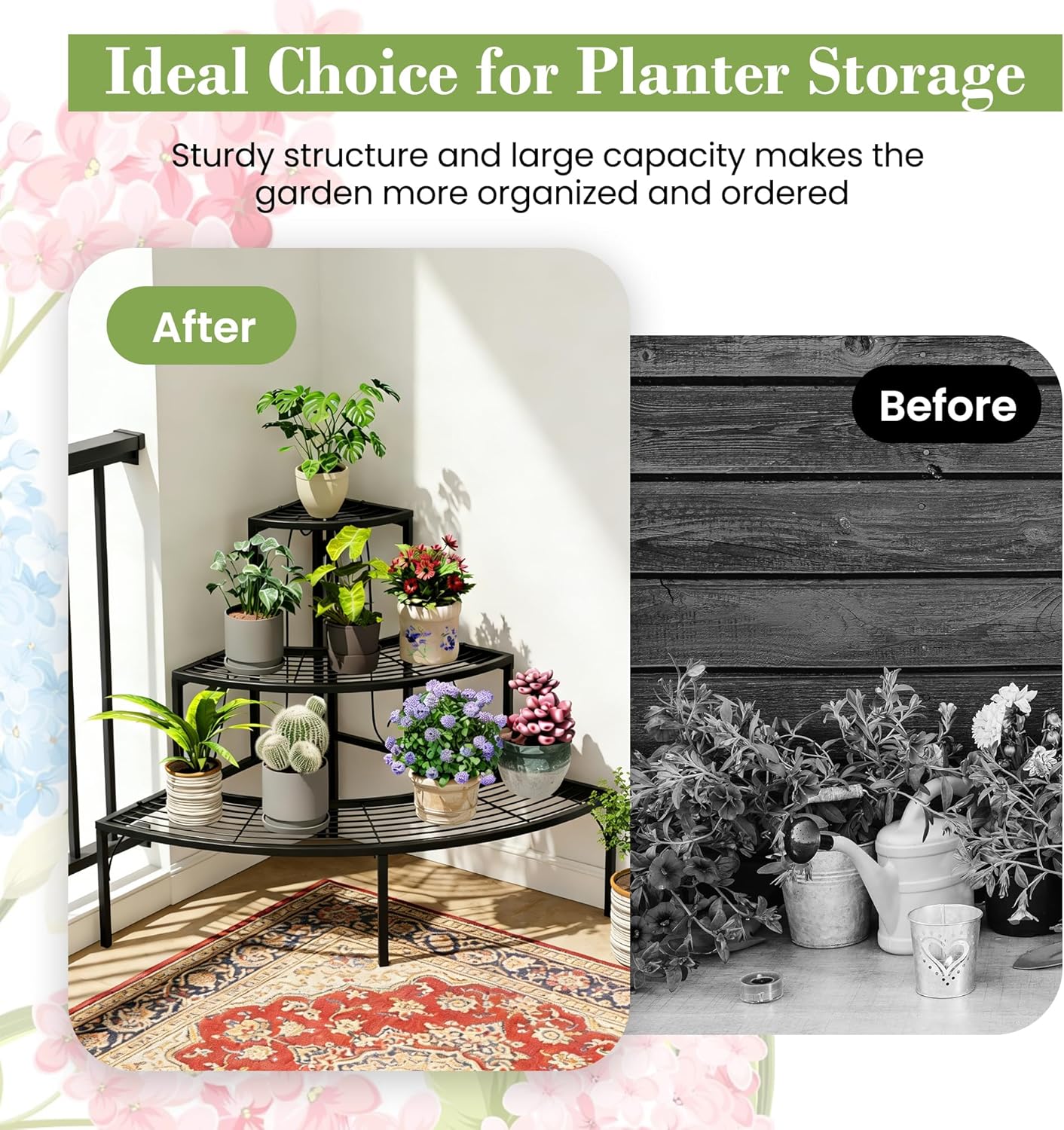 Plant Pot Stand Shelf, 3 Tier Flower Quarter Display Rack, Metal Succulent Plants Storage Holder for Outdoor and Indoor, Black