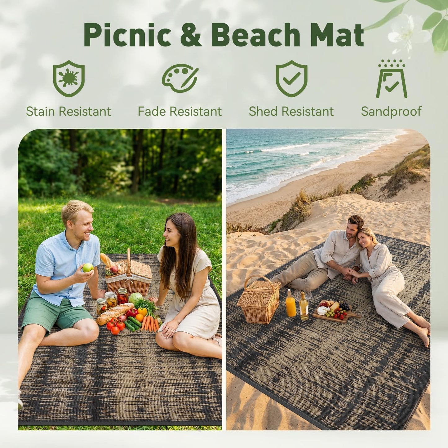 MontVoo Outdoor Rug Waterproof 5x8 ft Outdoor Carpet Patio Rug Mat Reversible RV Camping Rug Plastic Straw Outside Rug for Balcony Porch Deck Picnic Beach Modern Black Brown