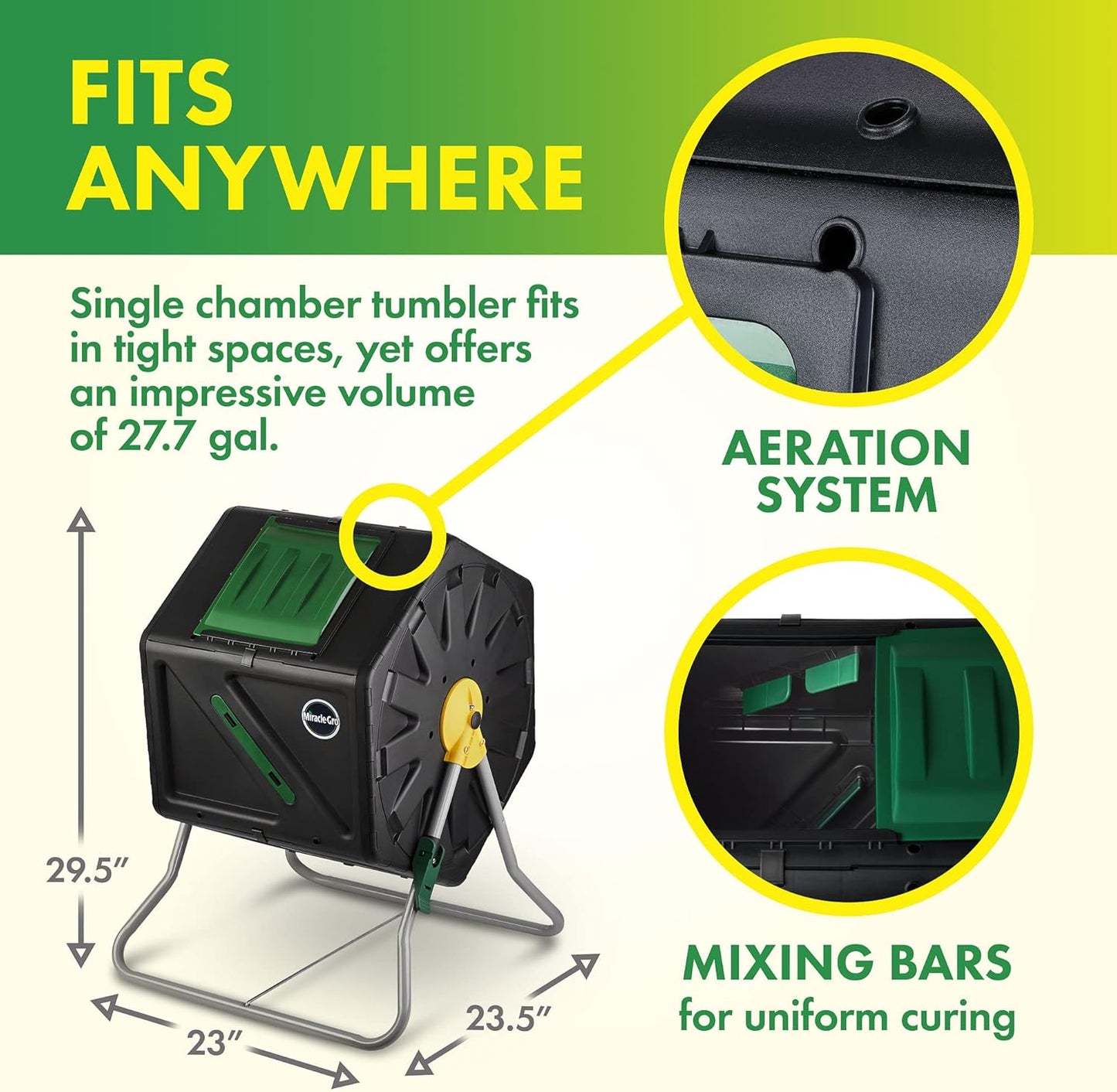 Miracle-Gro Compost Tumbler Single Chamber – Easy-Turn Composter Tumbler Outdoor for Fast Composting – Heavy-Duty Composting Bin with 1 Sliding Door (1 x 27.7 Gallon / 105 Liter)