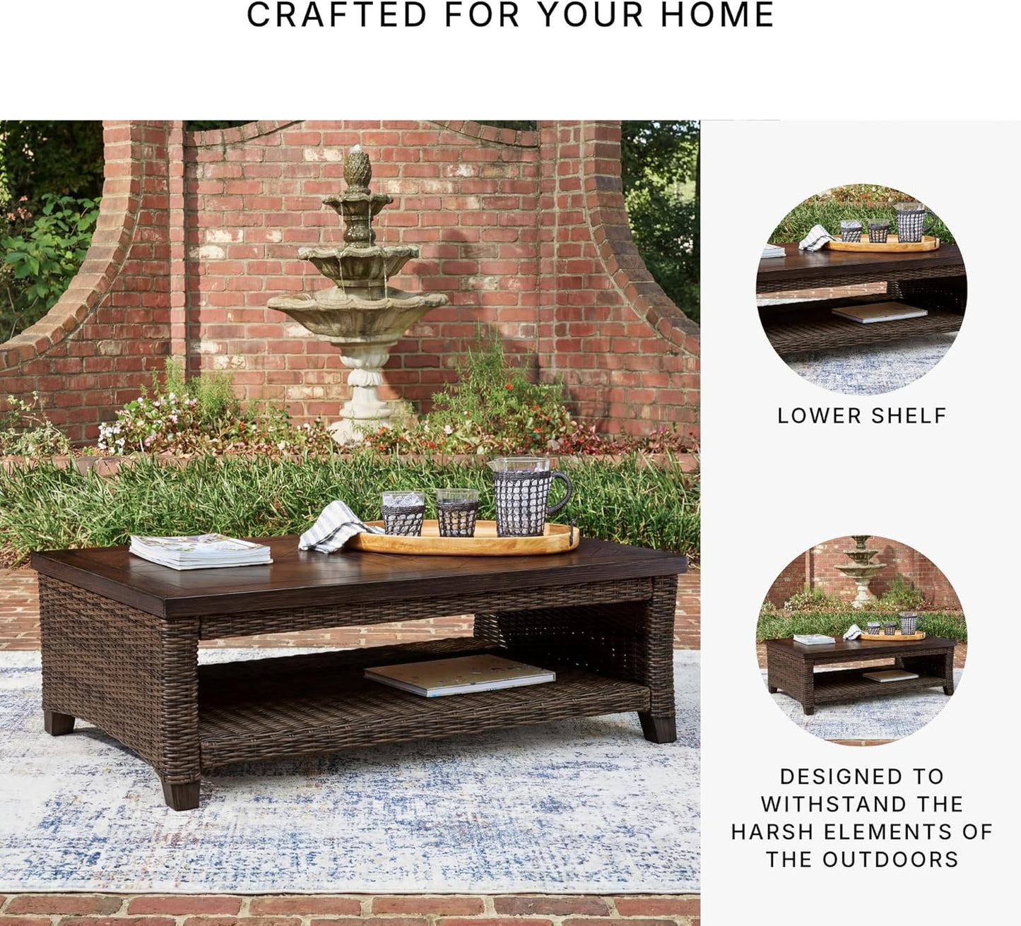 Signature Design by Ashley Drakes Beach Outdoor Coffee Table, Resin Wicker with Aluminum Frame and Wood‑Look Finish for Patio, Deck and Poolside Seating, 48" x 30"