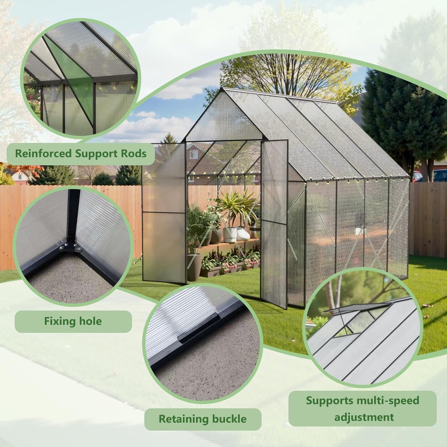 Greenhouse for Outdoors, Heavy Duty Polycarbonate Greenhouse, Walk in Greenhouses for Outdoor Garden Backyard with Roof Vent (8x8 FT)