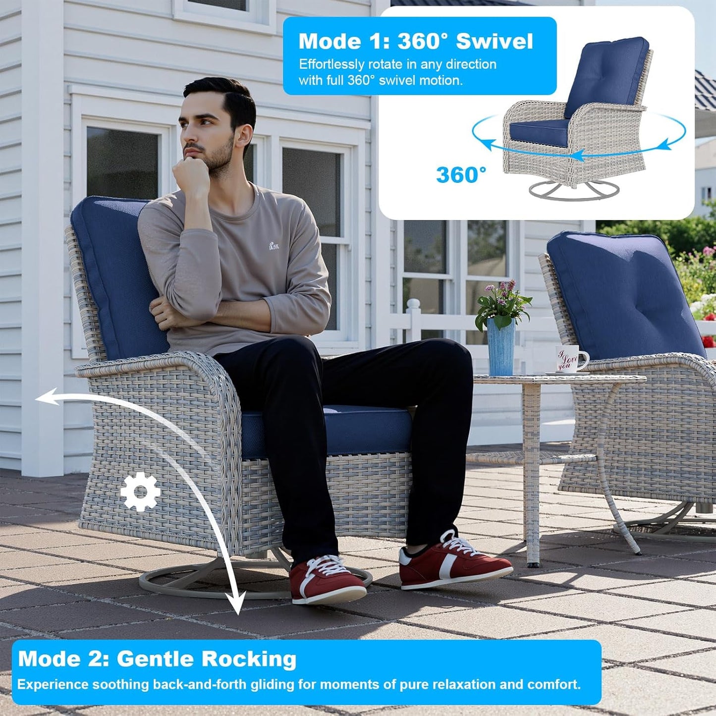 13-Piece Patio Furniture Set, Outdoor Patio Furniture with Swivel Chairs Set, Ottomans, 55,000 BTU Fire Pit Table, Modular Patio Sofa, Dual-Strand Wicker Rattan, Rust-Resistant Frame, Navy Blue