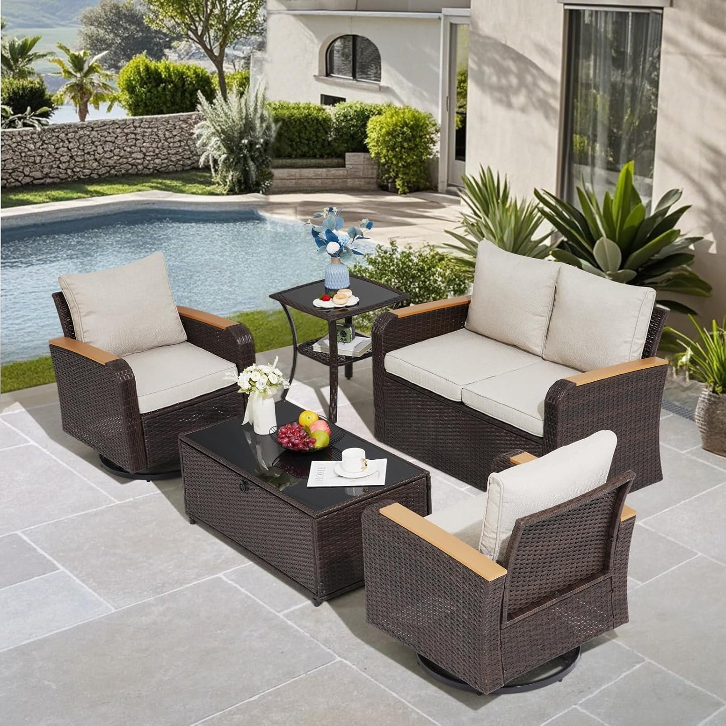 5 Pieces Outdoor Furniture Set with Swivel Chairs, Patio Wicker Patio Furniture Sets for Porch Deck Bistro Lawn Garden Backyard Poolside-Khaki