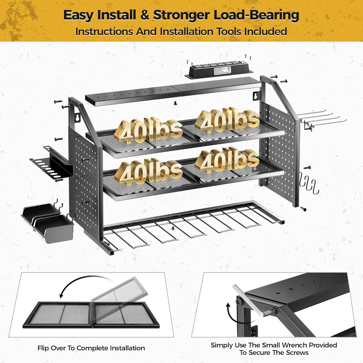 LBT 4 Layer Power Tool Organizer Wall Mount With Charging Station, Patented, 6 Outlet Power Strip, 6 Drill Holder, Heavy Duty Metal Garage Tool Storage Rack, Gifts For Men Fathers Day