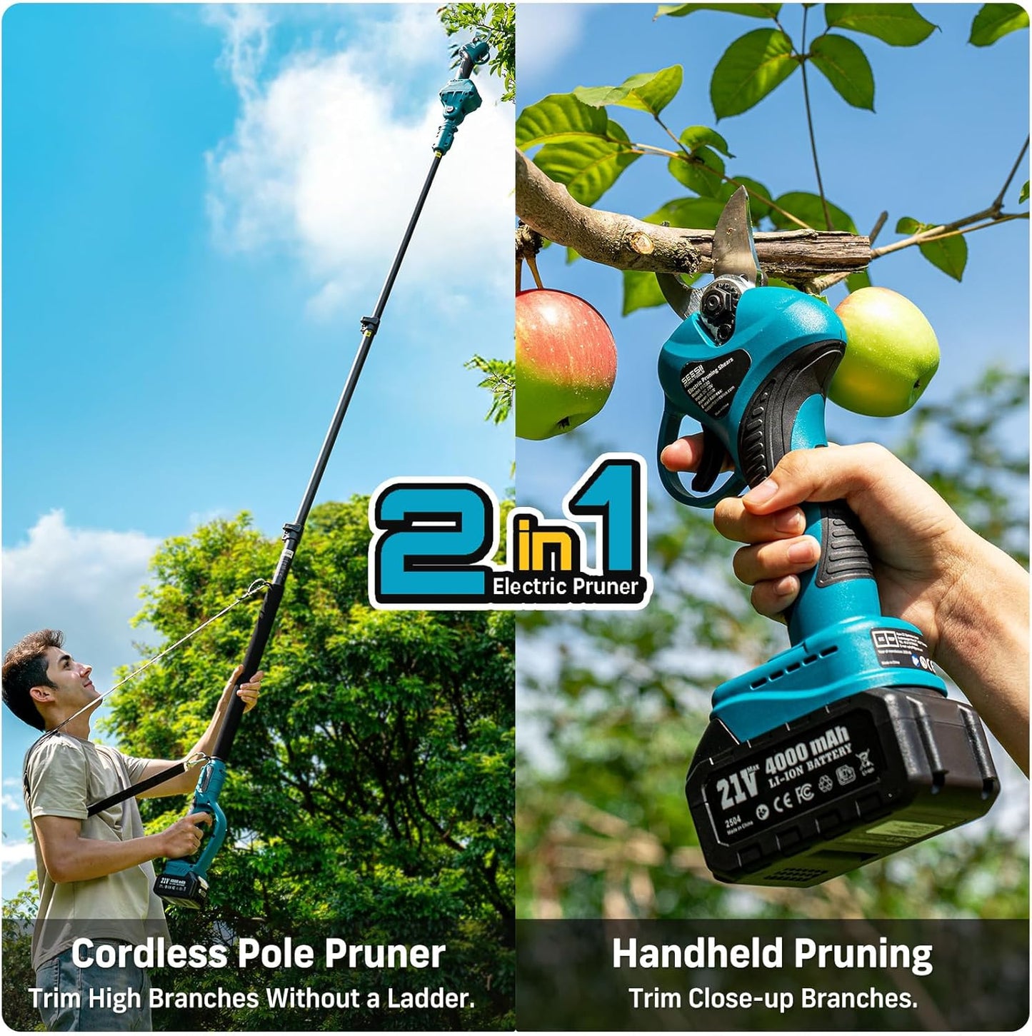 Seesii 2-in-1 Electric Pruning Shears with Pole, 15Ft Reach, 1.2" Cutting Diameter, 21V 4000mAh Battery, Cordless Pruner with Brushless Motor for Orchard, Flower, Branch, Tree Trimming