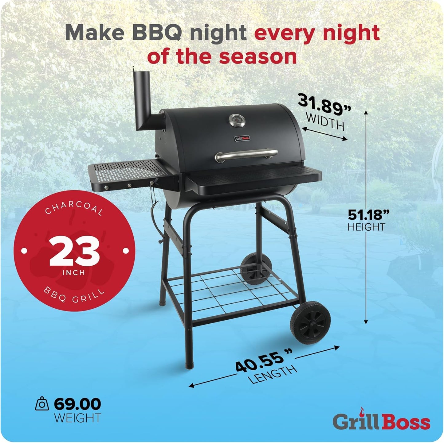 Grill Boss 23 Inch Charcoal Barrel Grill with Adjustable Grate, Large Cooking Area, Black